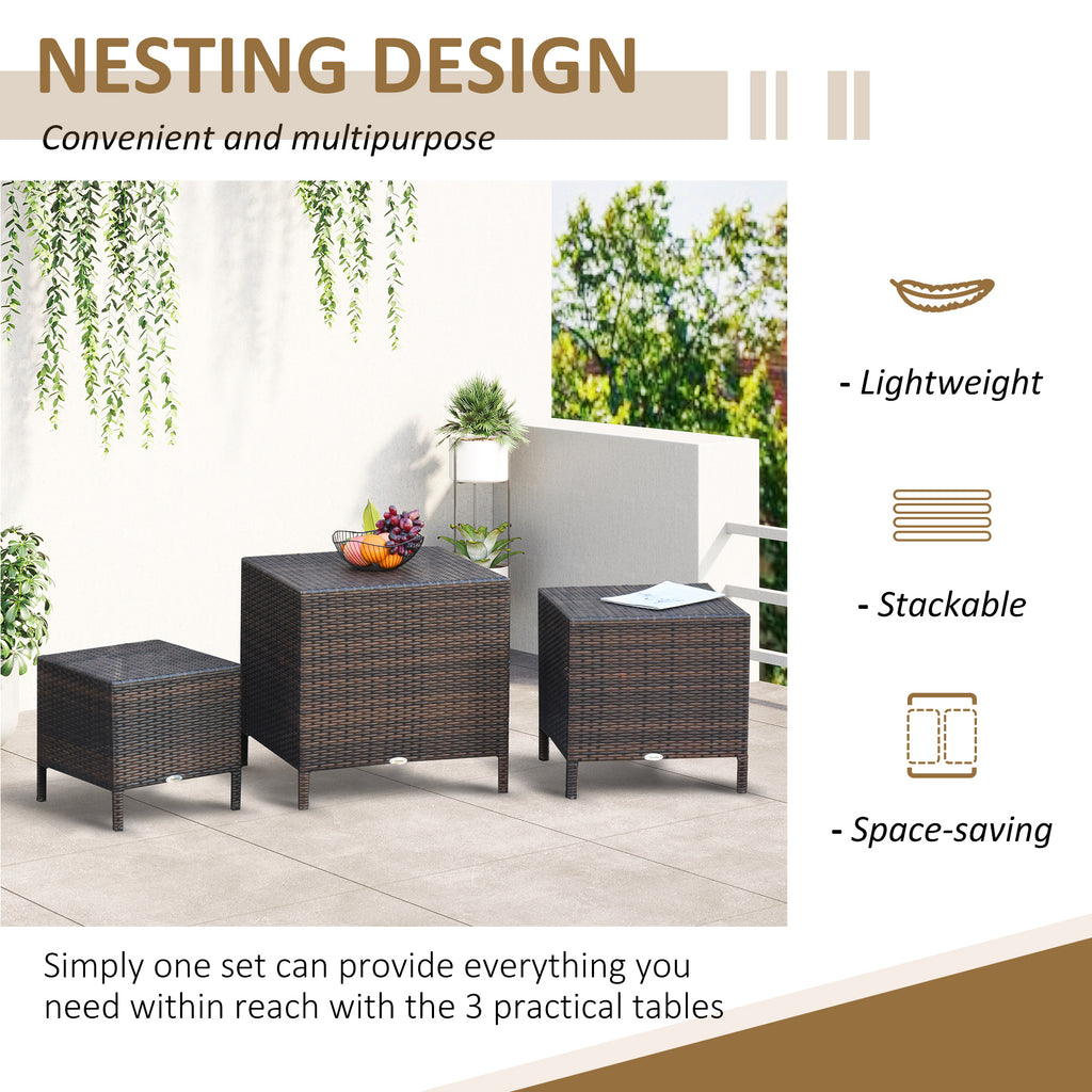 Set of 3 Wicker Nesting Tables Patio Rattan Snack End Side Tables Hand Woven All Weather Garden Outdoor Home Furniture Brown