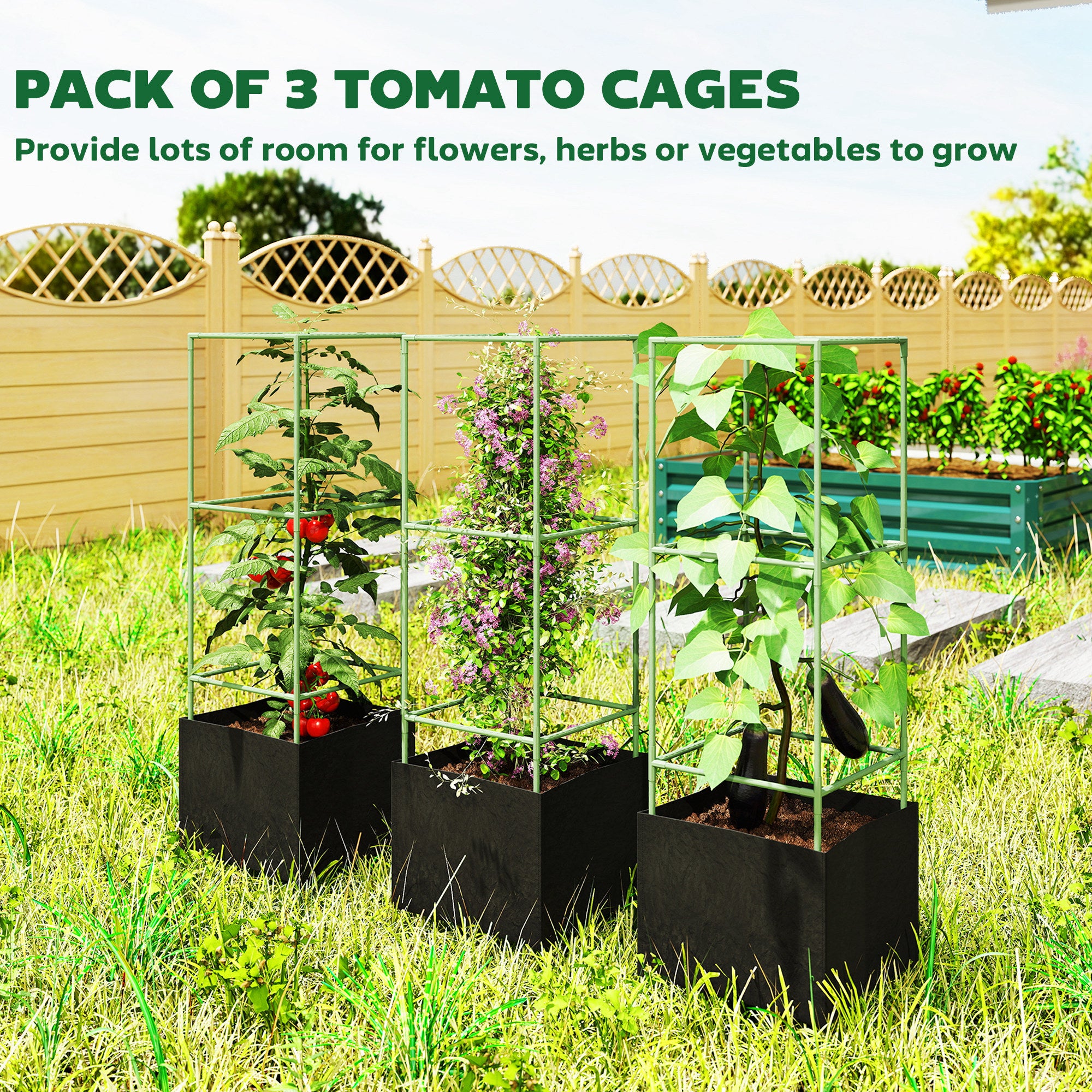 3 Packs Tomato Cages with 13.5 Gallon Grow Bags, Adjustable Square Plant Support Trellis