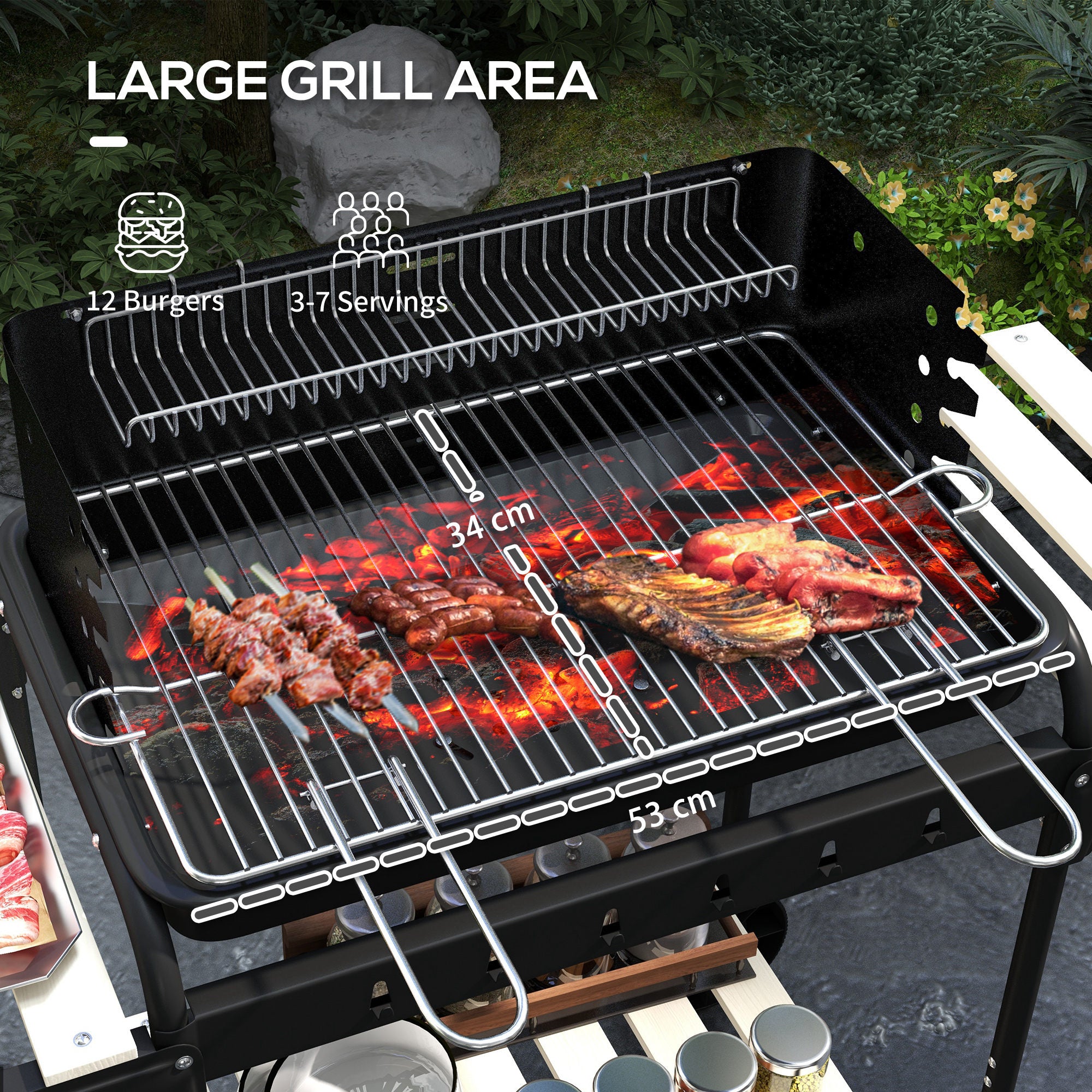 Charcoal Barbecue Grill with Adjustable Grill Height, Portable BBQ Trolley with Ash Catcher and Wheels, Black