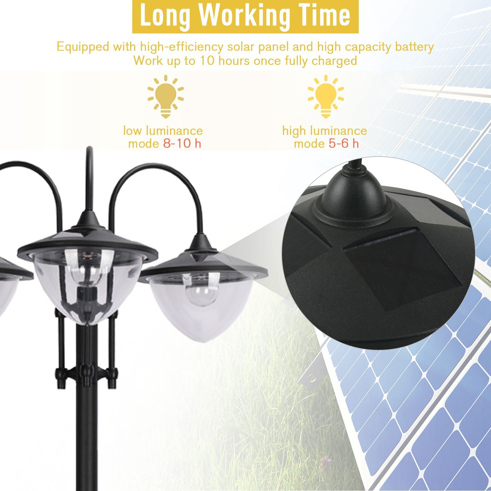 3-head LED Solar Light Lamp Street Light Post with Planter, Solar-powered Lamp Post, Black