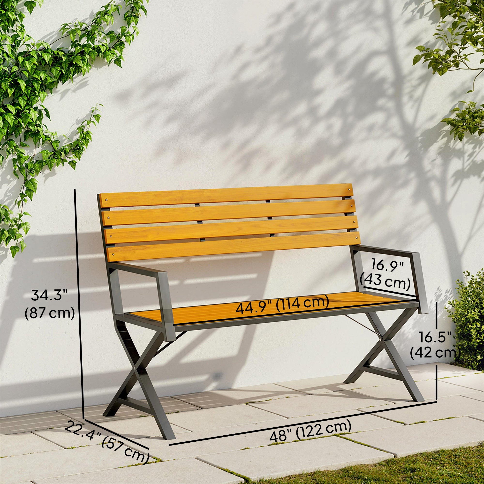 Outdoor Garden Bench, Patio Bench with Backrest and Armrests, 2-Person Garden Seating