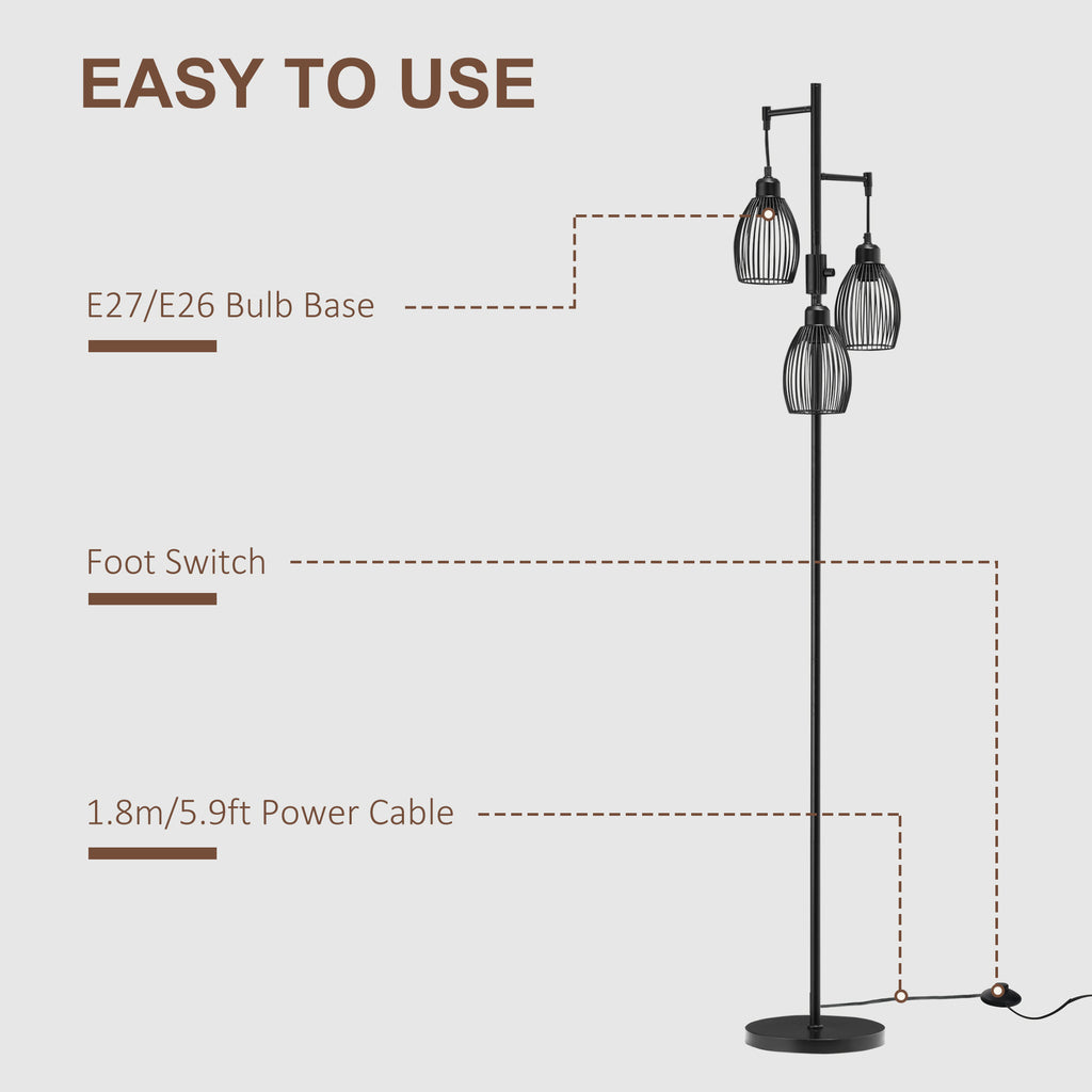 Industrial Floor Lamp with 3 Hanging Wire Lampshades, Dimmable Standing Lamp for Living Room, Bedroom, Dining Room, Study, Black