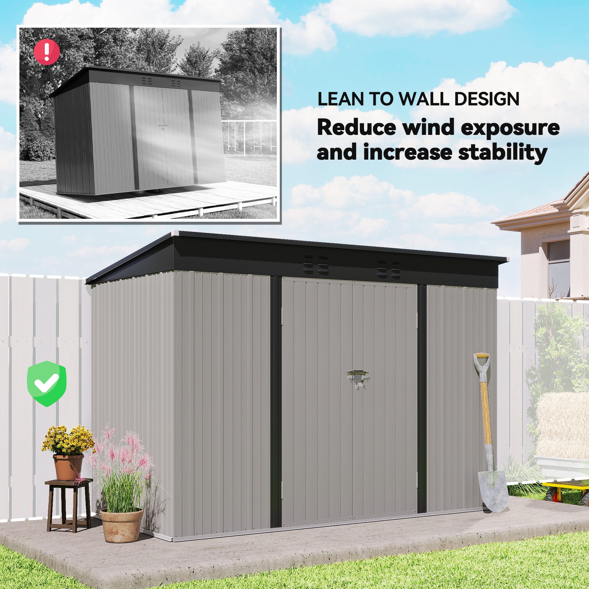 9' x 4' Galvanized Steel Garden Storage Shed with Lockable Doors, Gloves and 2 Air Vents for Backyard, Patio, Lawn