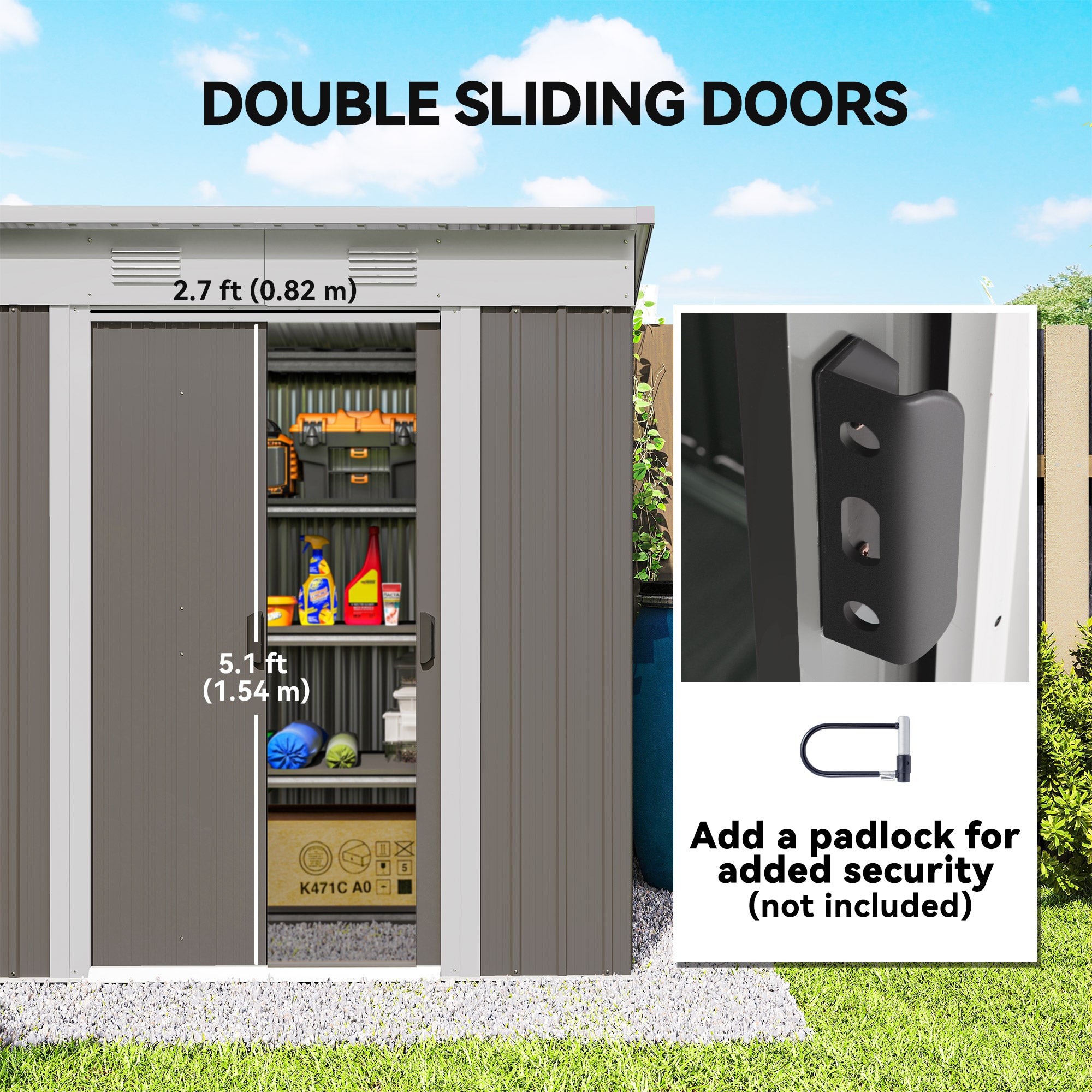 5.7' x 3.6' Outdoor Storage Shed, Metal Garden Tool Storage House Organizer with Lockable Sliding Doors and Vents for Backyard Patio Lawn, Light Grey