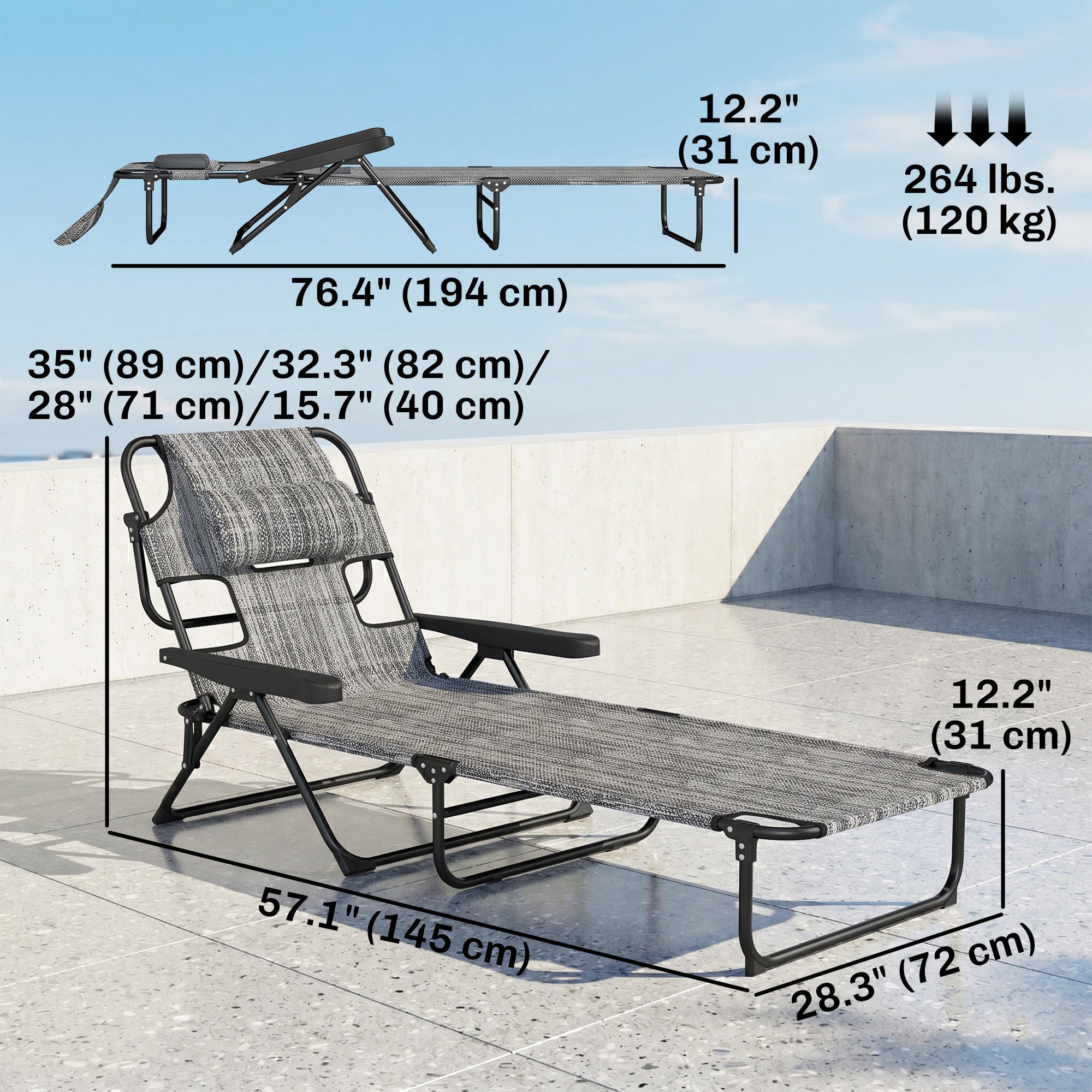 Folding Lounge Chair w/ Reclining Back, Mixed Grey
