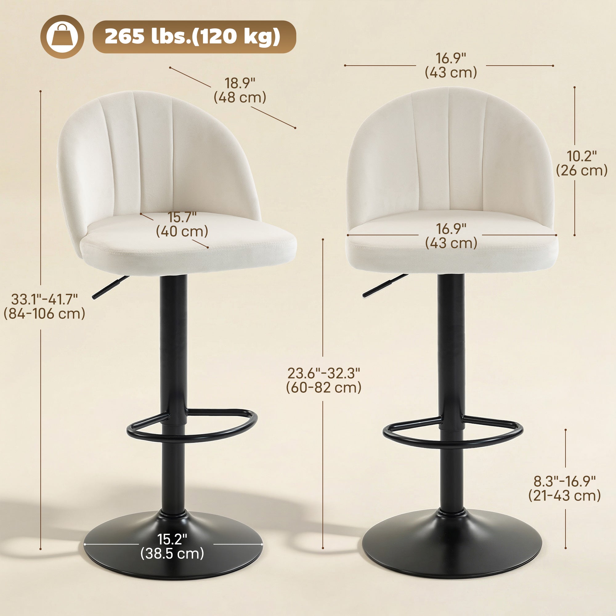 Bar Stools Set of 2, Swivel Counter Height Barstools with Footrest, Cream White