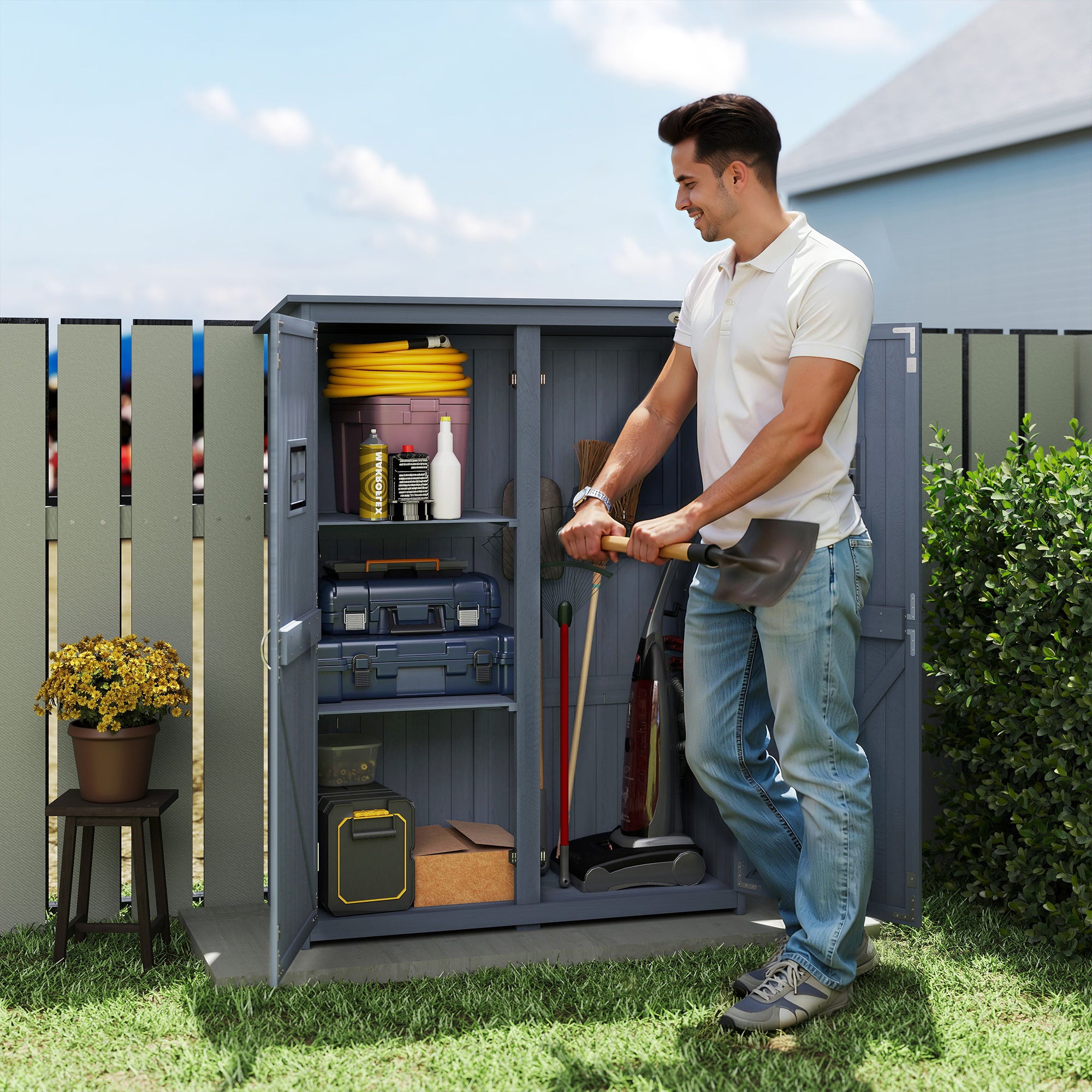 4x1.5ft Wooden Garden Storage Shed, Outdoor Tool Cabinet Organizer with Windows and Double Door, Dark Grey