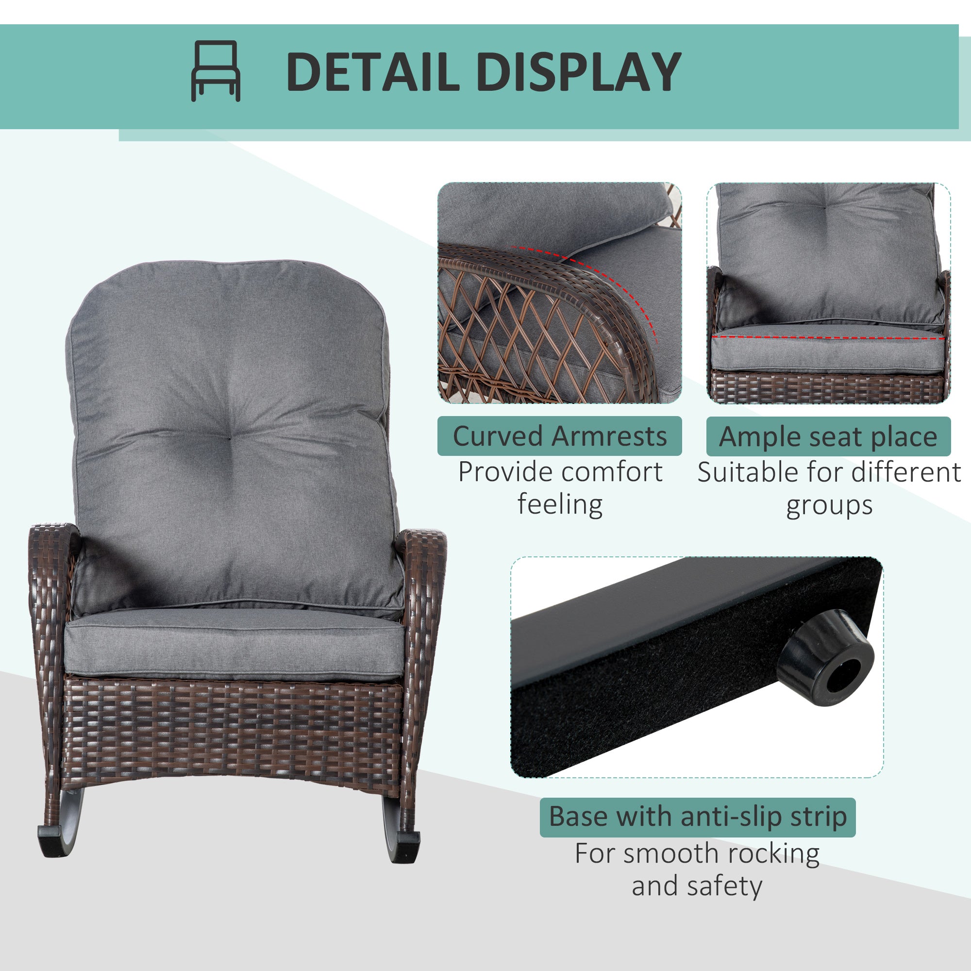 Rattan Rocking Chair, Outdoor Wicker Patio Rocker Chair Furniture with Thick Cushions, for Garden Backyard Porch, Grey