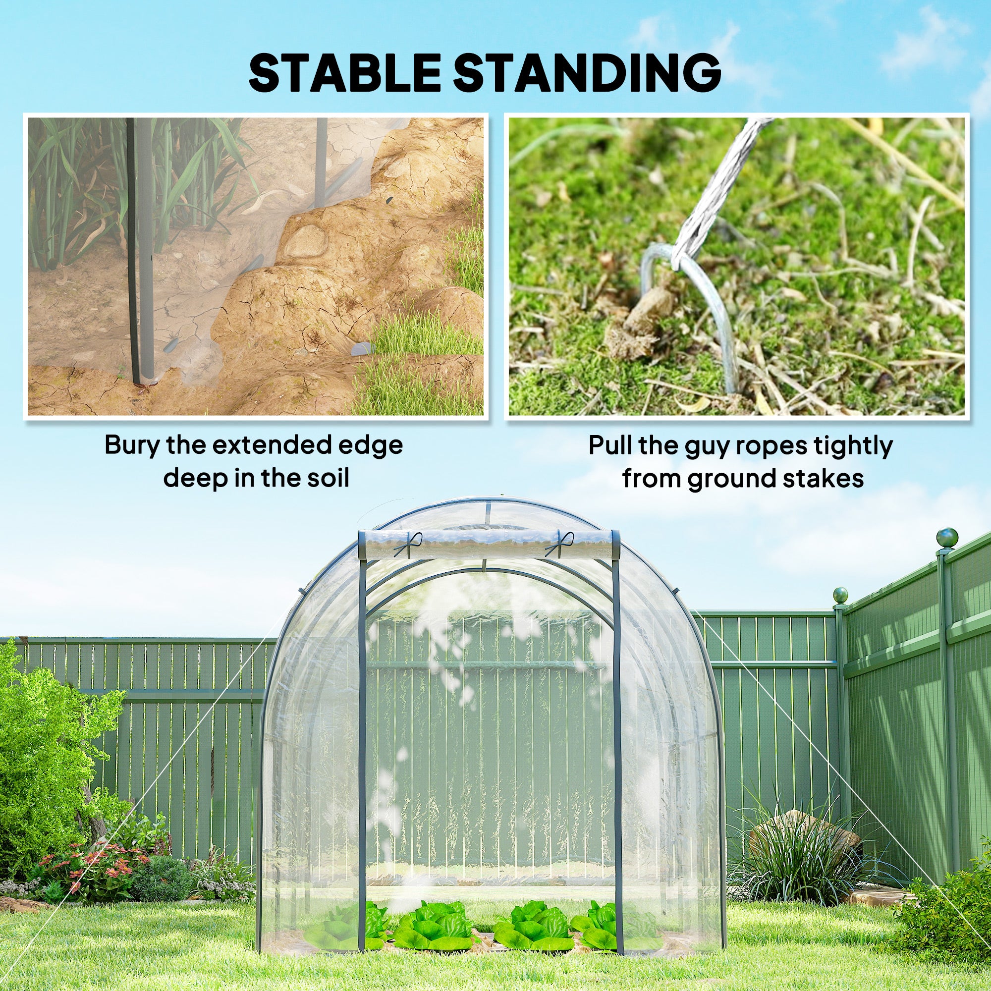 Polytunnel Greenhouse with Roll-up Door and Mesh Window, Walk-in Grow House Tent with Steel Frame, 3 x 2 x 2 m, Clear