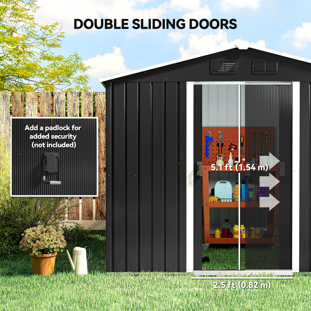 8' x 6' Outdoor Storage Shed, Metal Garden Tool Storage House with Lockable Sliding Doors and Vents for Backyard Patio Lawn, Charcoal Grey