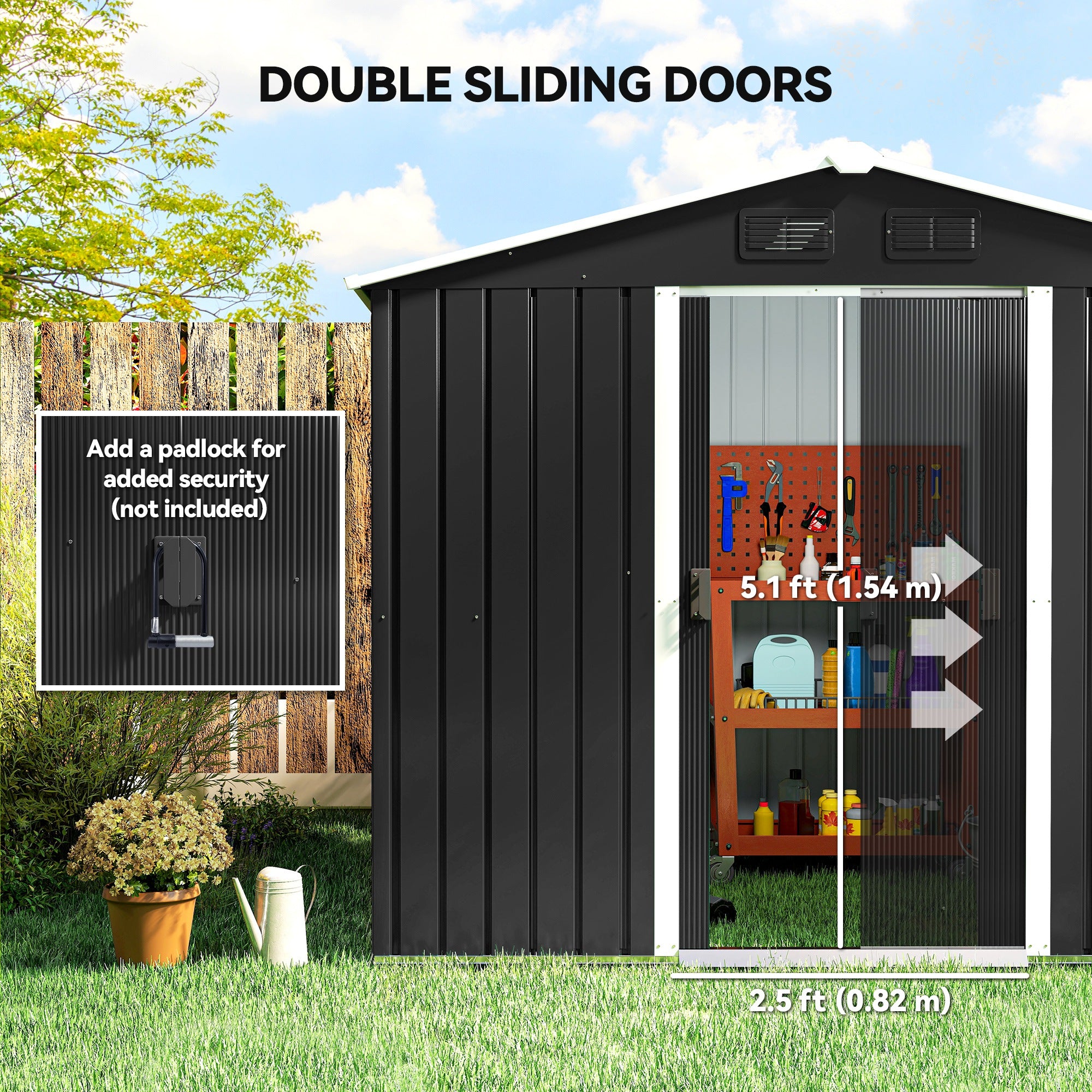 8' x 6' Outdoor Storage Shed, Metal Garden Tool Storage House with Lockable Sliding Doors and Vents for Backyard Patio Lawn, Charcoal Grey