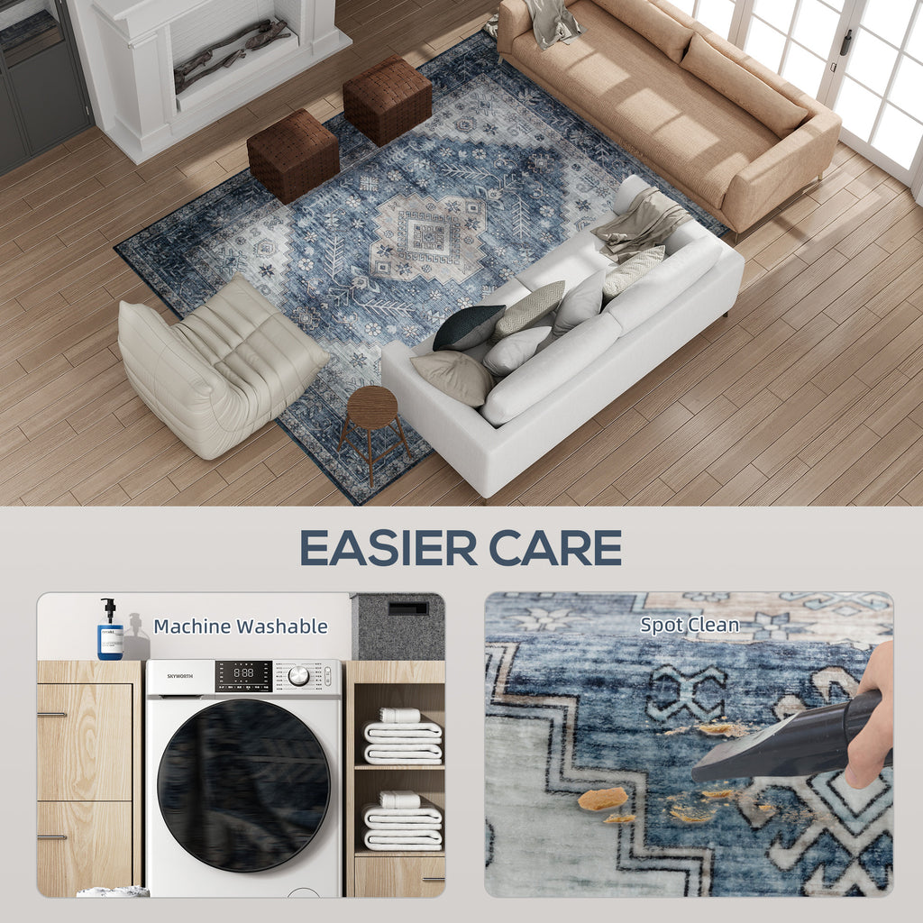 6x9 Area Rug, Vintage Machine Washable Rug, Non-Slip Floor Carpet for Living Room, Bedroom, Dining Room, Blue