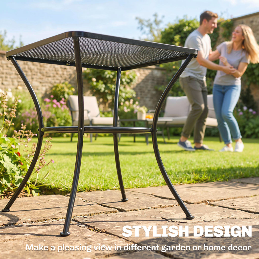 Square Outdoor Side Table, Metal Outdoor Patio Table, Garden Coffee Side Bistro Tables with Mesh Grid Top for Balcony, Porch, Backyard, 17.7" x 17.7" x 19.7", Black