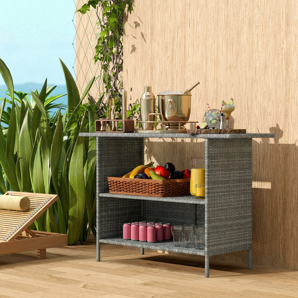 Wicker Outdoor Bar Table, PE Rattan Bar Height Patio Table with 2 Shelves, Steel Frame for Garden, Backyard, Dark Grey