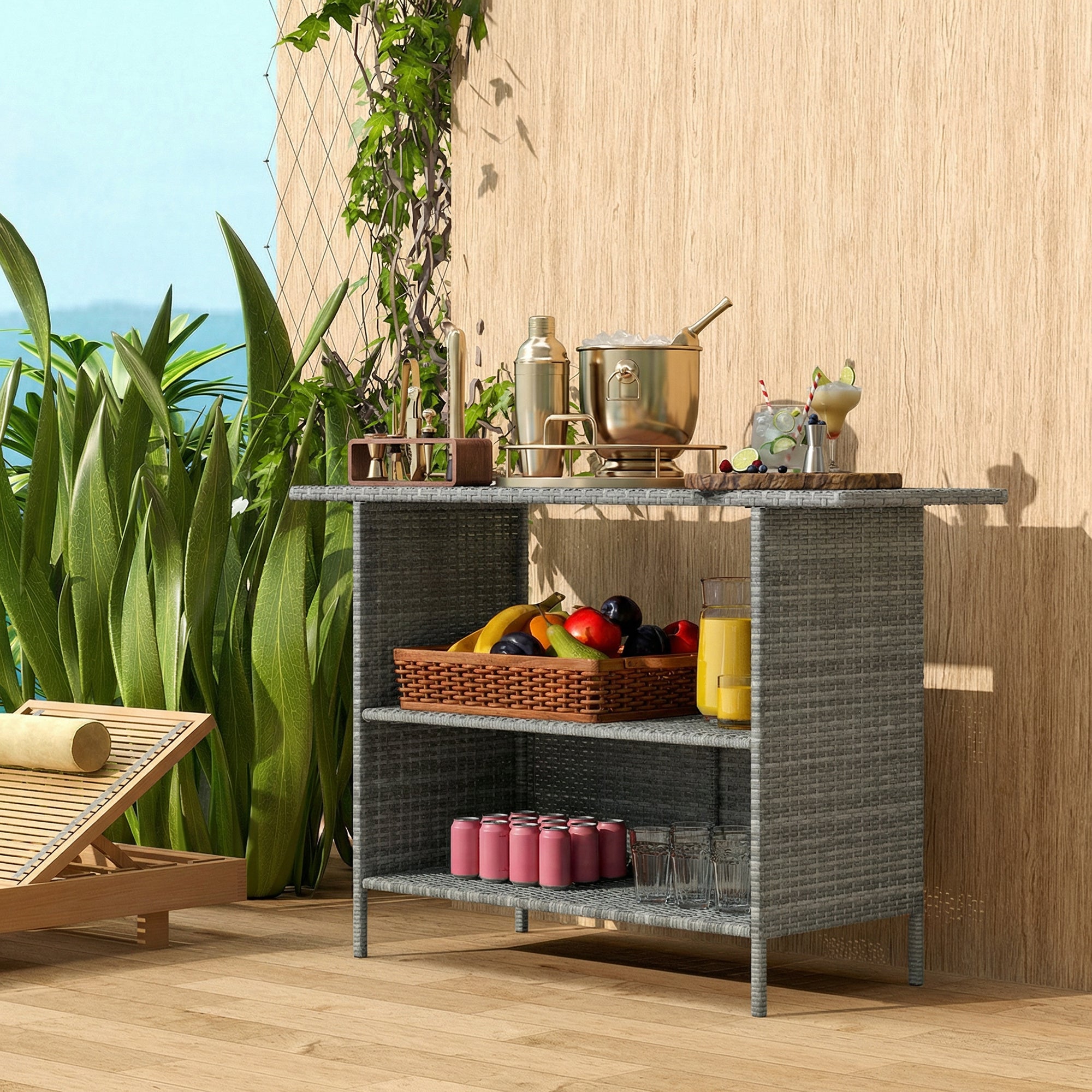 Wicker Outdoor Bar Table, PE Rattan Bar Height Patio Table with 2 Shelves, Steel Frame for Garden, Backyard, Dark Grey