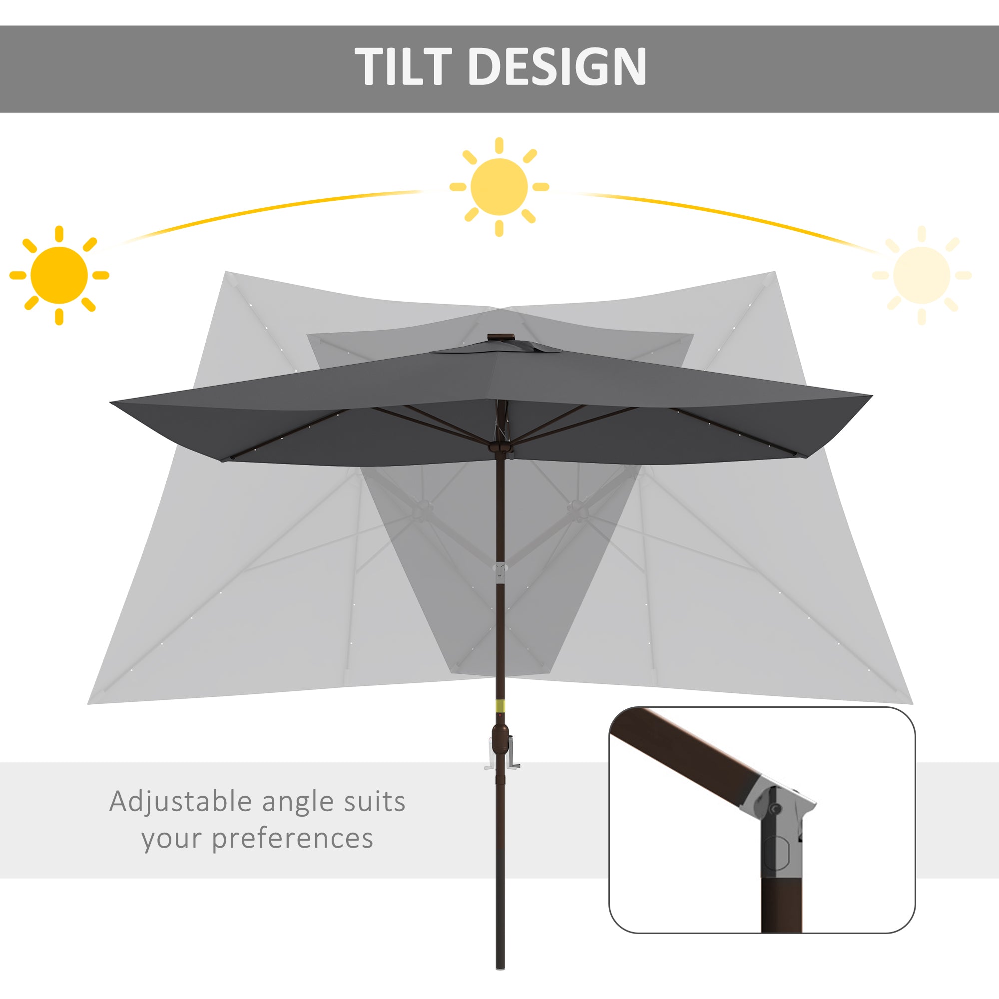 6.5x10ft Patio Umbrella Tilt Aluminum Outdoor Market Parasol with Solar Powered LEDs, Crank - Dark Grey