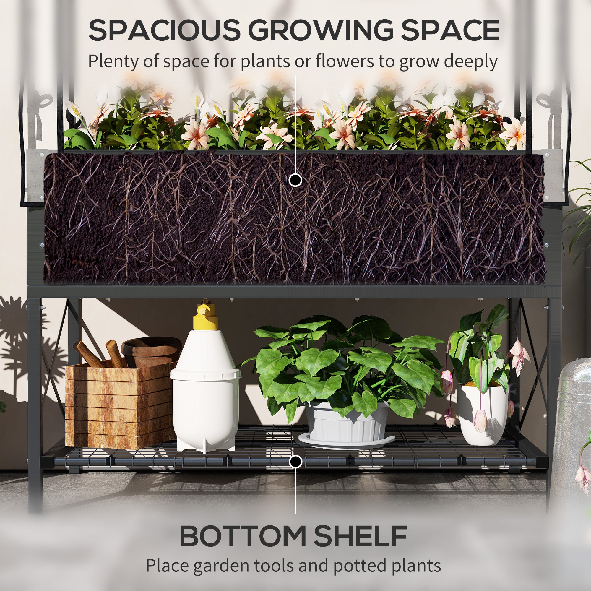 Raised Garden Bed with Cover, Metal Elevated Planter Box with Bottom Shelf and Liner, Dark Grey