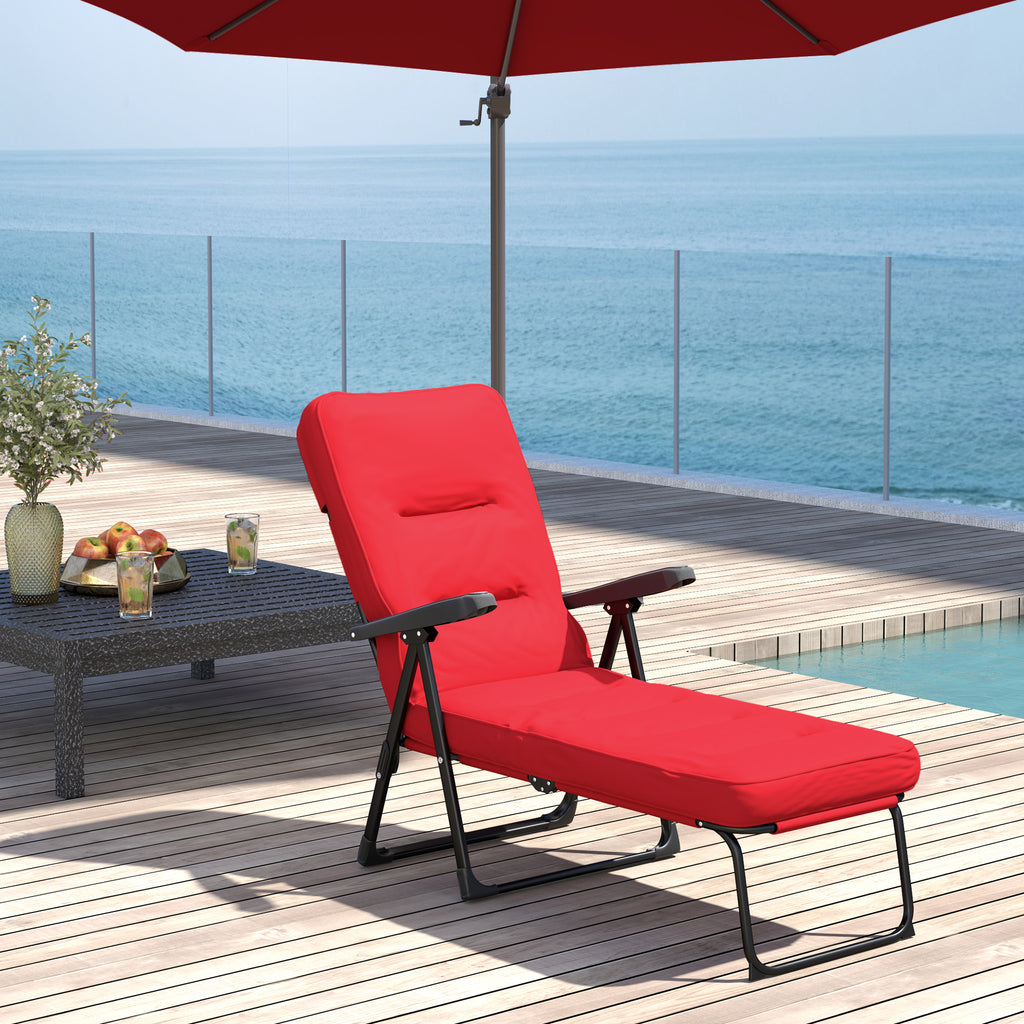 Folding Outdoor Lounge Chair with Cushion, Adjustable Backrest, Reclining Patio Garden Chair with Footrest, Wine Red