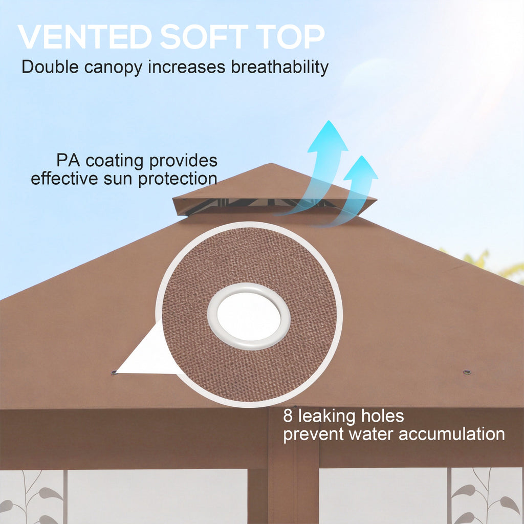 10'x10' Soft-top Patio Gazebo Outdoor Sun Shelter with 2-Tier Polyester Roof, Curtain Sidewalls, Dark Brown