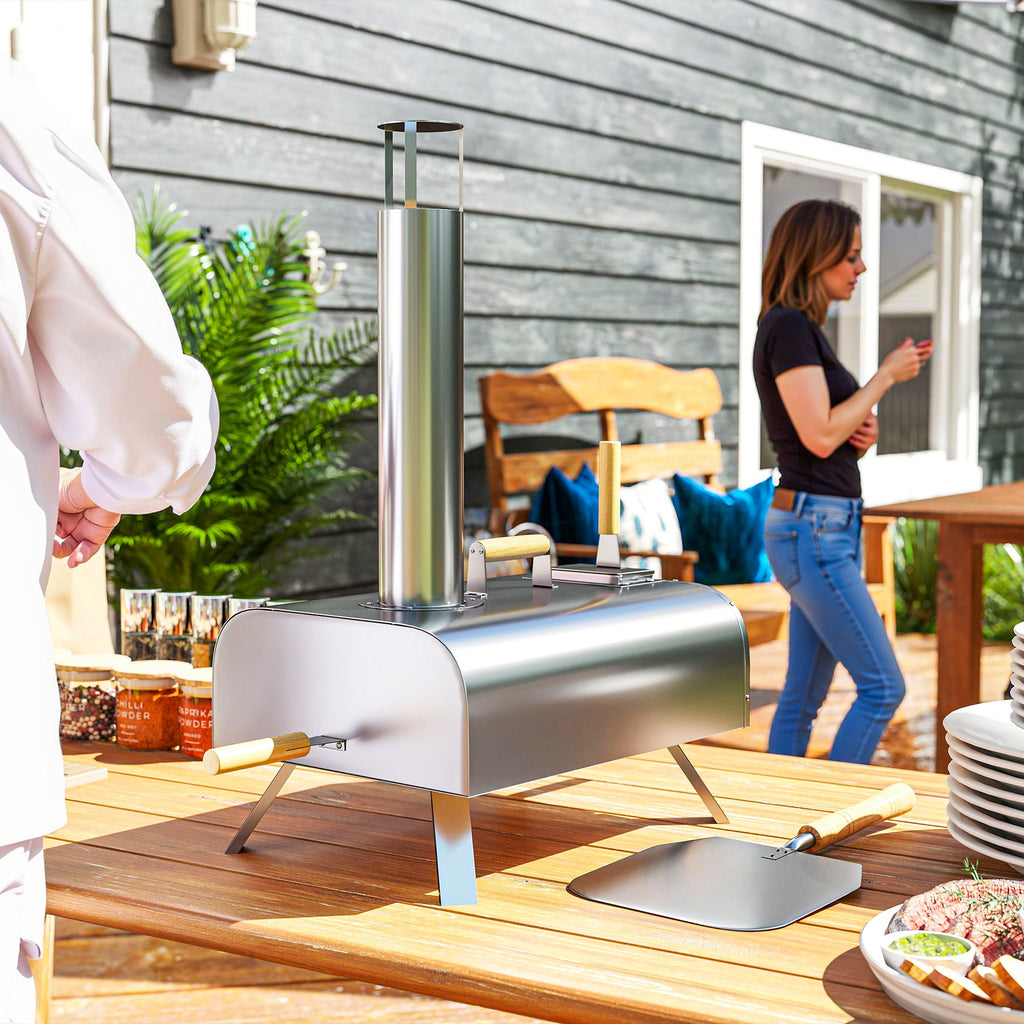 Outdoor Pizza Oven, Portable Wood Pellet Pizza Oven with Pizza Stone and Peel, Foldable Legs, Chimney