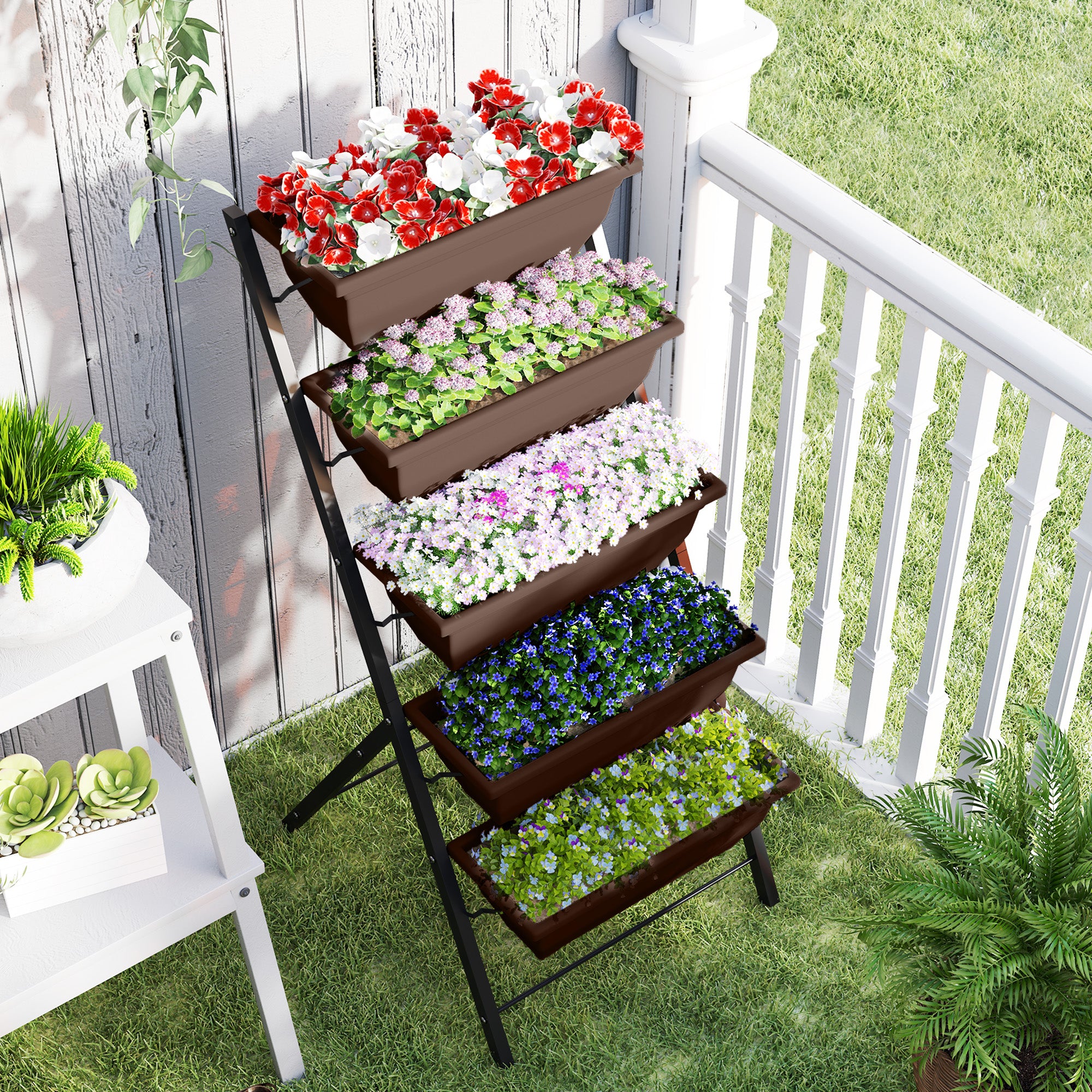 5-Tier Raised Garden Bed with 5 Planter Box, Outdoor Plant Stand Grow Containers with Leaking Holes, Brown