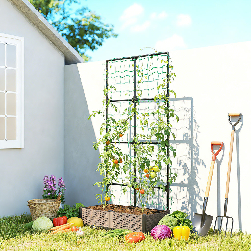 2PCS Plastic Planter Box with Trellis, Self-Watering Raised Garden Bed with Trellis and Netting