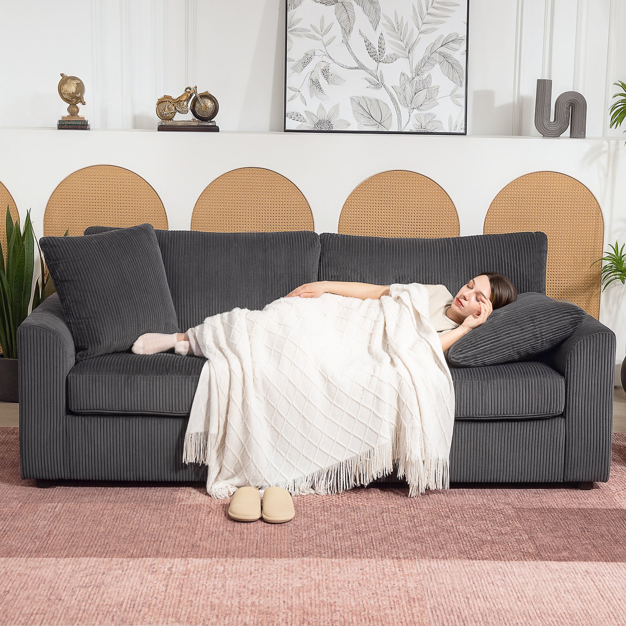 3 Seater Sofa, 83.5" Modern Upholstered Couch with Pocket Spring and 2 Scatter Cushions for Living Room, Dark Grey