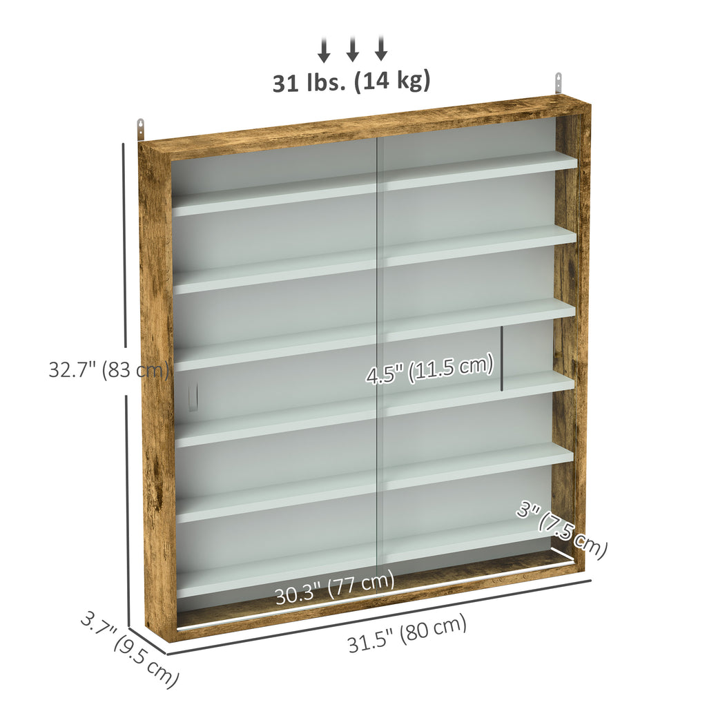 7-Tier Display Cabinet, Shot Glass Display Case, Glass Curio Cabinet with 2 Glass Doors and 6 Adjustable Shelves, Rustic Brown