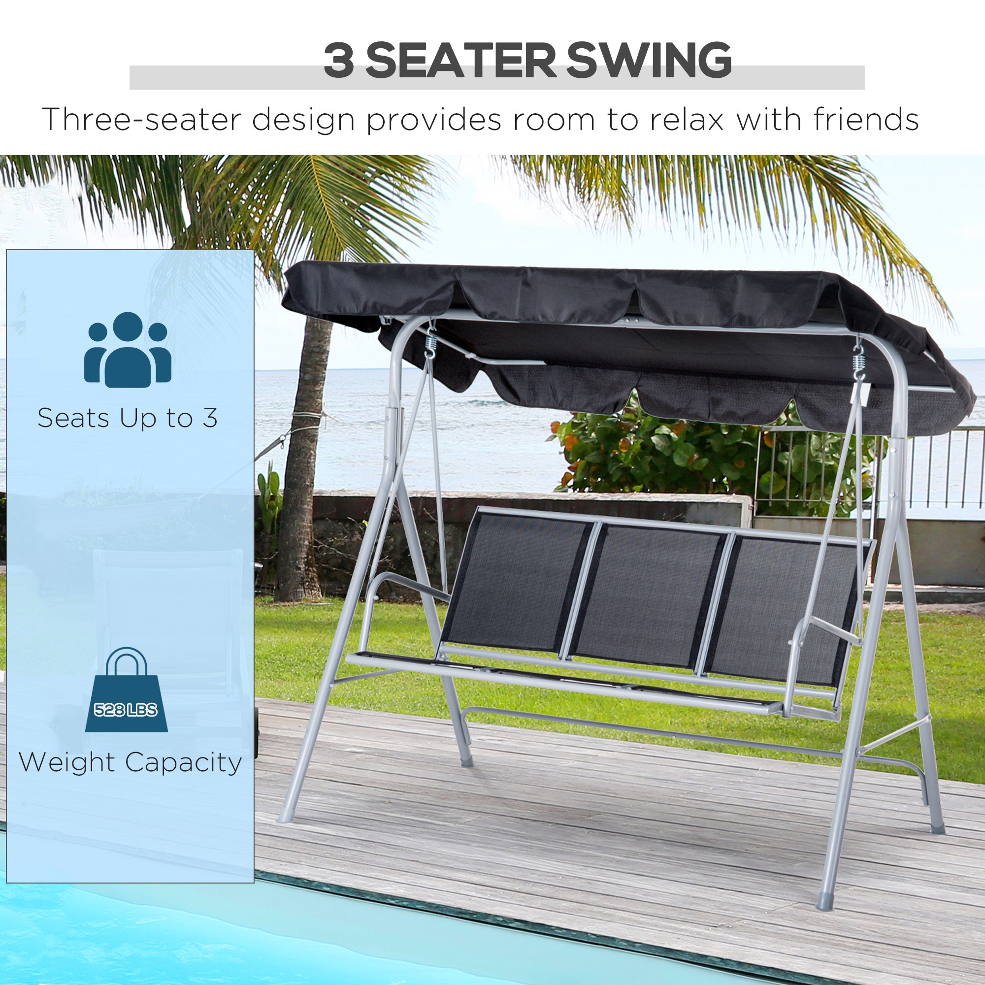 3-Seater Patio Swing, Outdoor Swing Chair, A Frame Porch Swing with Canopy Garden Hammock Glider Bed, Black