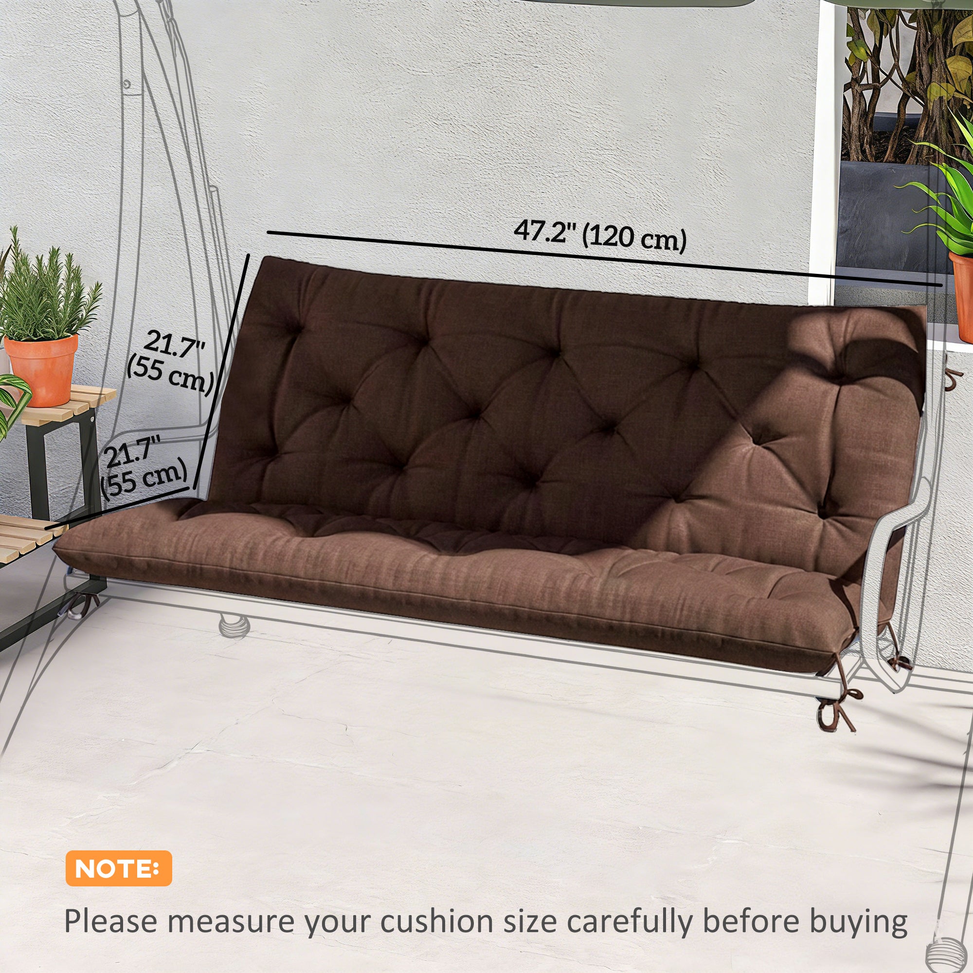 2 Seater Garden Bench Cushion, Soft Thick Outdoor Non-Slip 2 Seater Soft Pad With Backrest, 47" x 43" x 4", Coffee