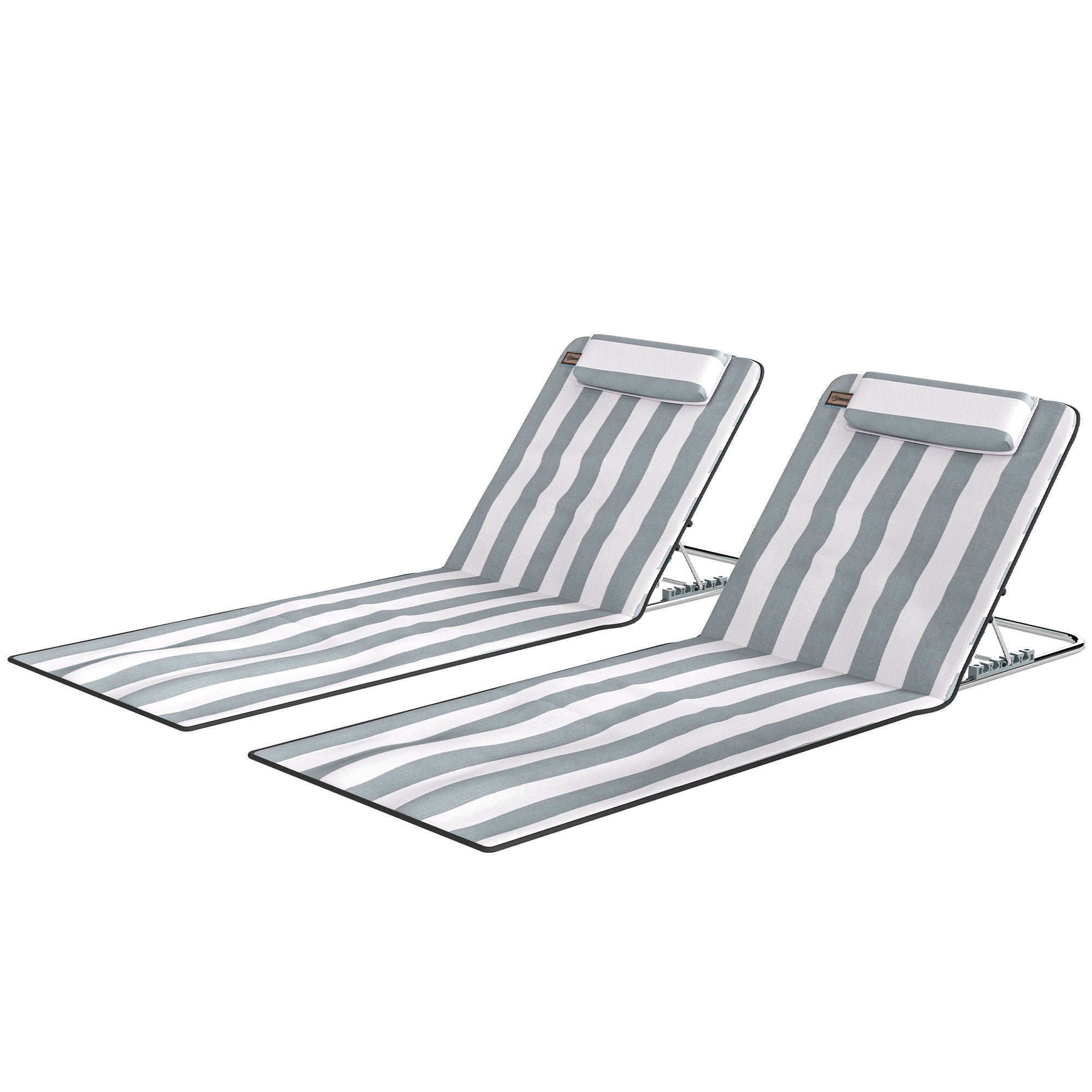2 Pieces Beach Lounge Chair, Outdoor Folding Chaise Lounge Set w/ Pillow for Sunbath, Snap, Light Grey and White