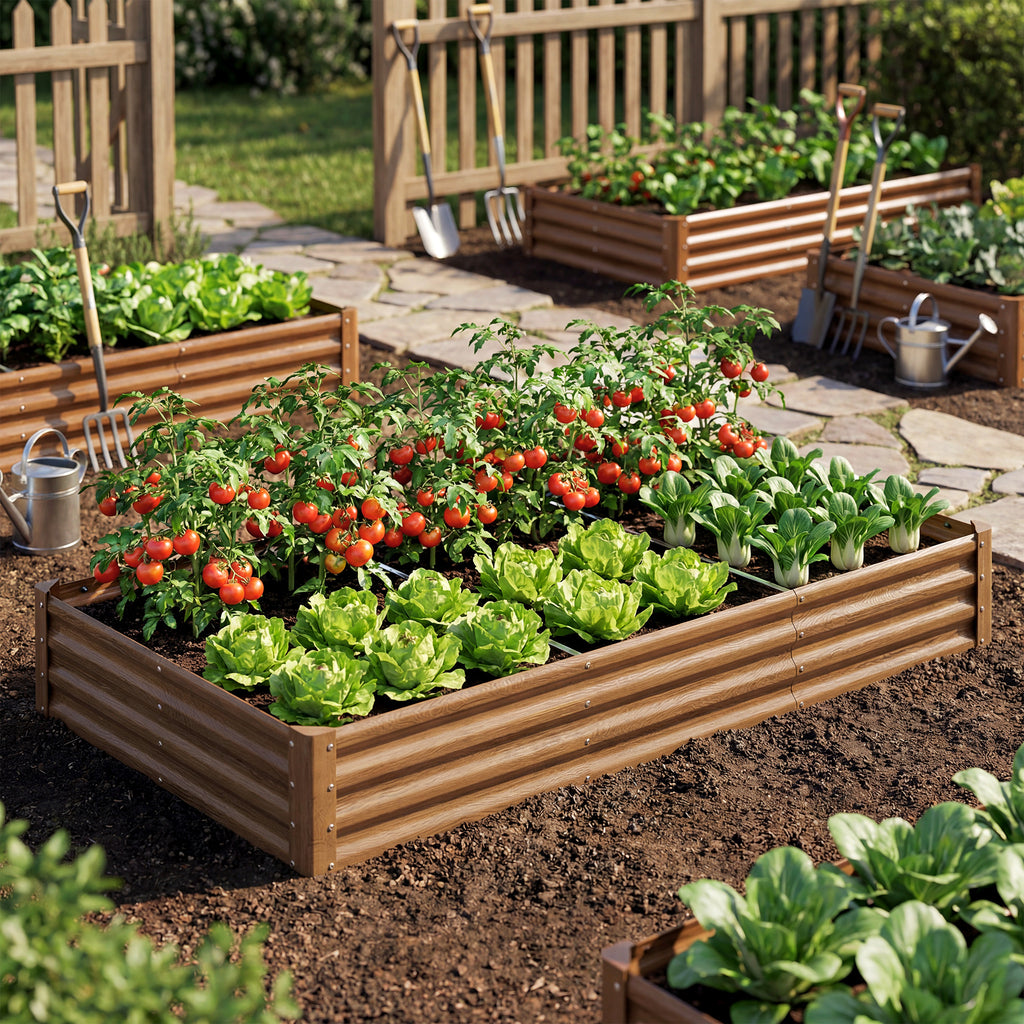8 x 4 x 1ft Galvanized Raised Garden Bed, Reinforced Outdoor Planter Box with Open Bottom, Distressed Brown