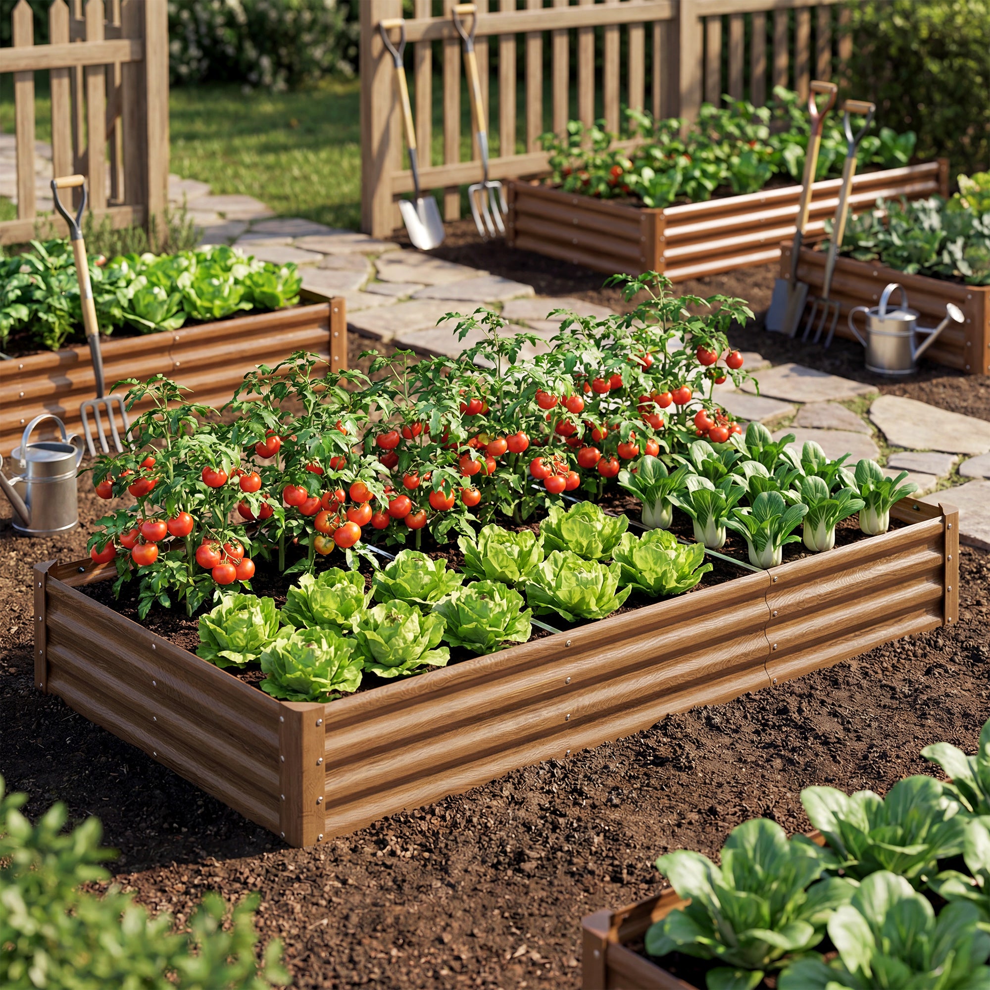8 x 4 x 1ft Galvanized Raised Garden Bed, Reinforced Outdoor Planter Box with Open Bottom, Distressed Brown