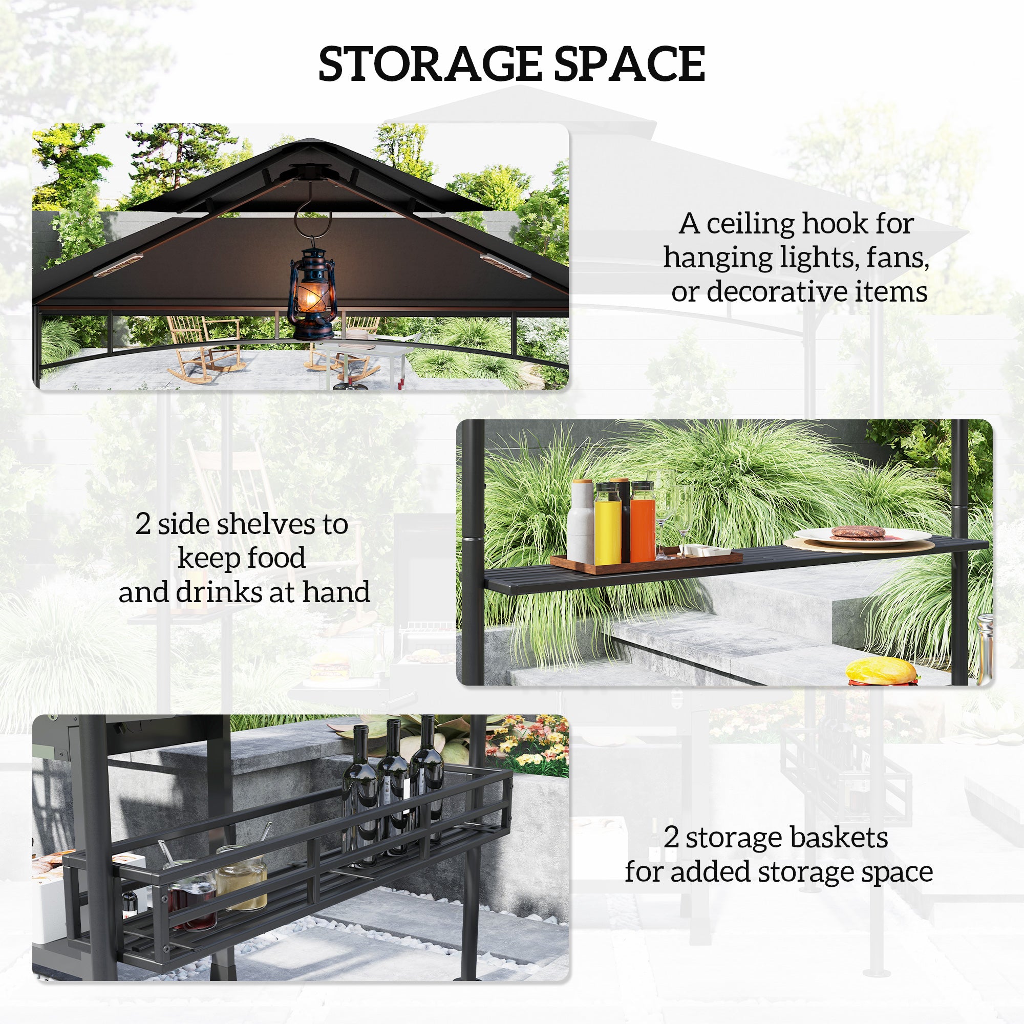 8' x 5' Barbecue Gazebo, 2-Tier BBQ Gazebo with 2 Side Shelves, Storage Basket, Hanging Hooks, Dark Grey