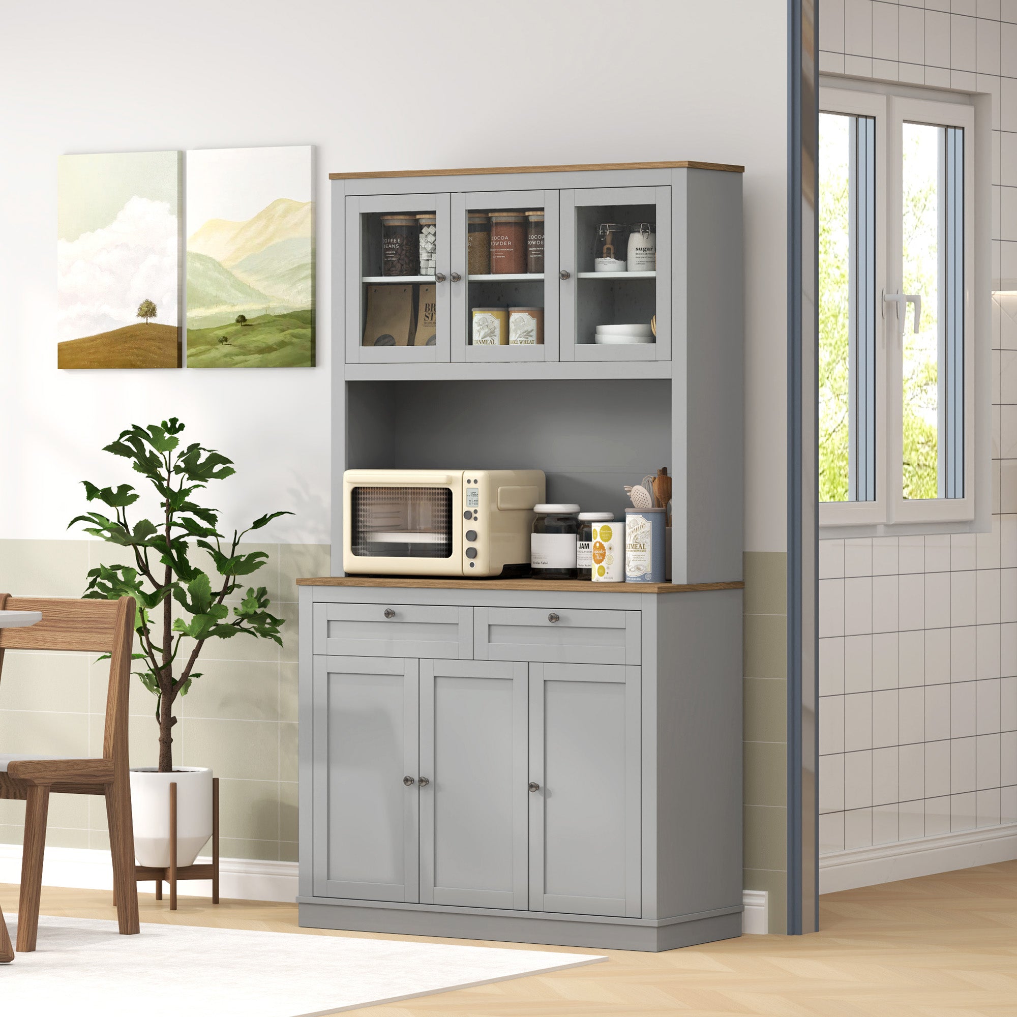 71" Pantry Cabinet with Microwave Space, Buffet with Hutch, 2 Drawers, Adjustable Shelves and Glass Doors, Grey
