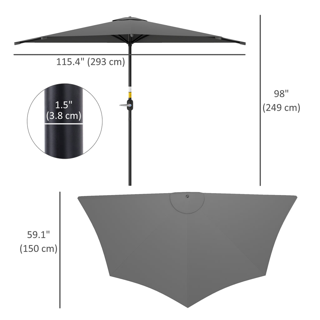 9.8ft Half Umbrella Semi Round Patio Parasol with Crank Handle, Top Vent for Garden, Balcony- NO BASE INCLUDED Dark Grey