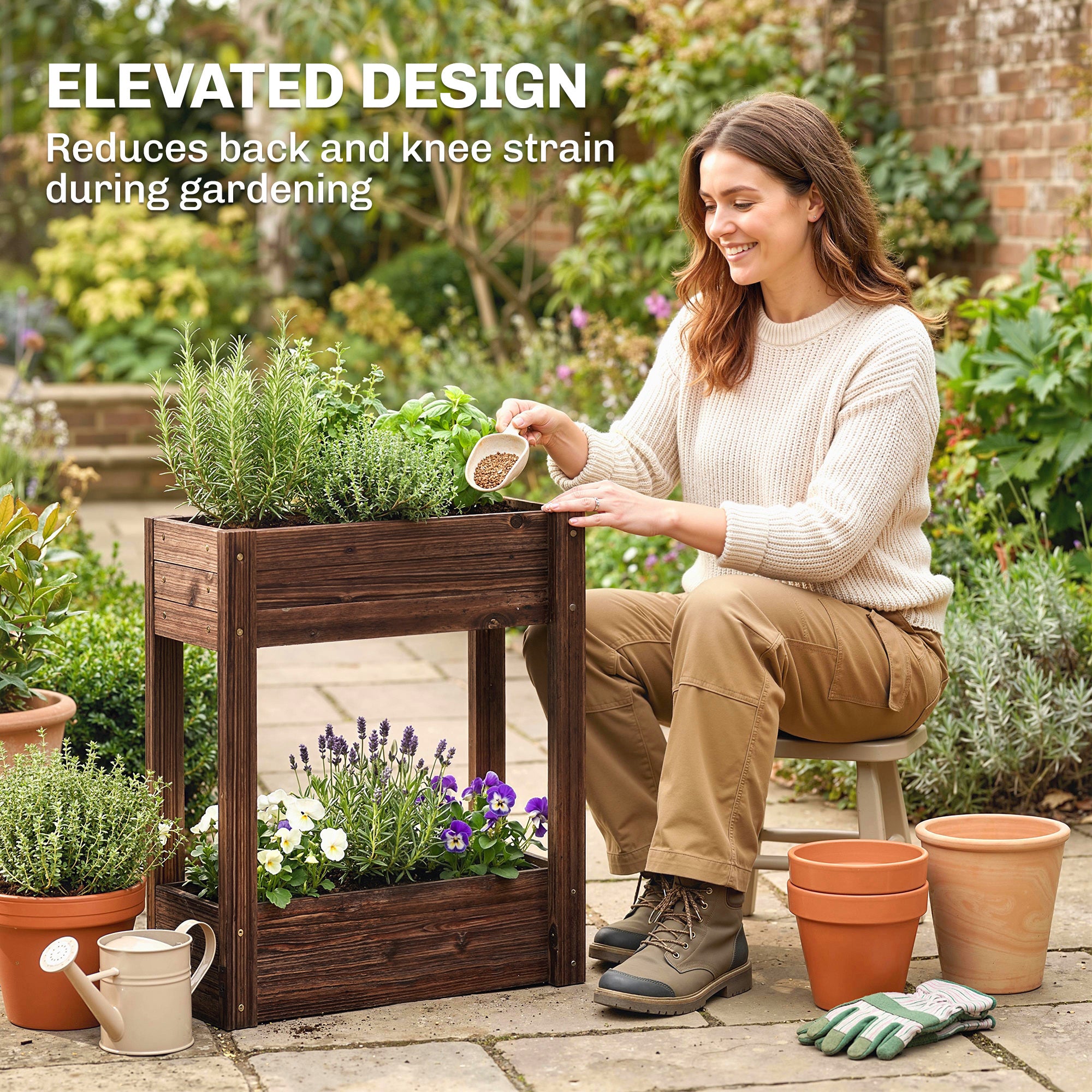 2-Tier Wooden Raised Garden Bed with Legs, 23.6" x 9.8" x 27.6" Elevated Planter Box with Drainage Holes and Bed Liner