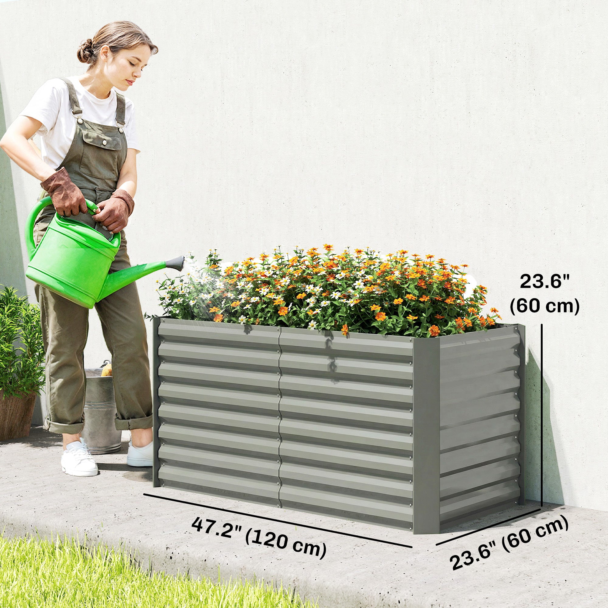 Set of 2 Galvanized Metal Planters for Outdoor Plants, 4' x 2' x 2' Raised Garden Bed, Light Grey