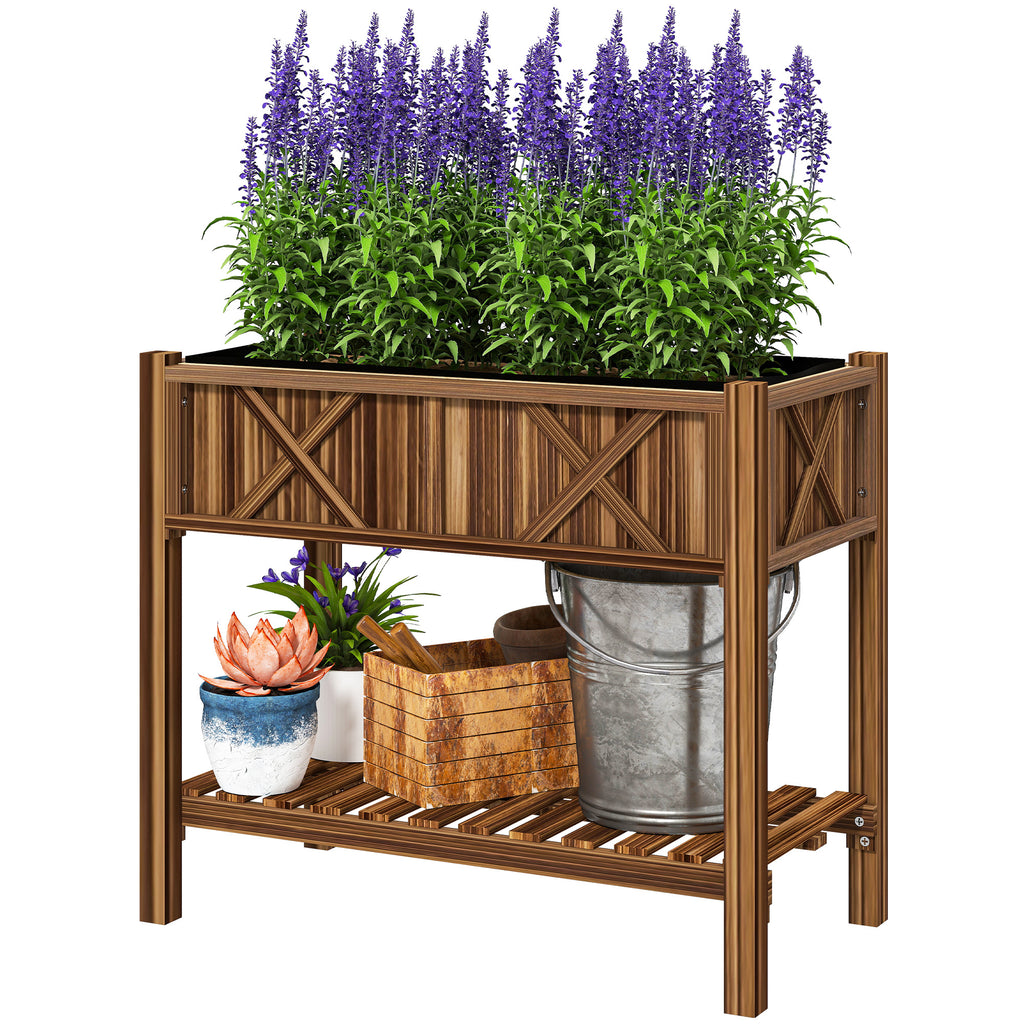 Wooden Raised Garden Bed, Elevated Planter Box with Storage Shelf, Drainage Holes and Liner, 34"x18"x30", Carbonized