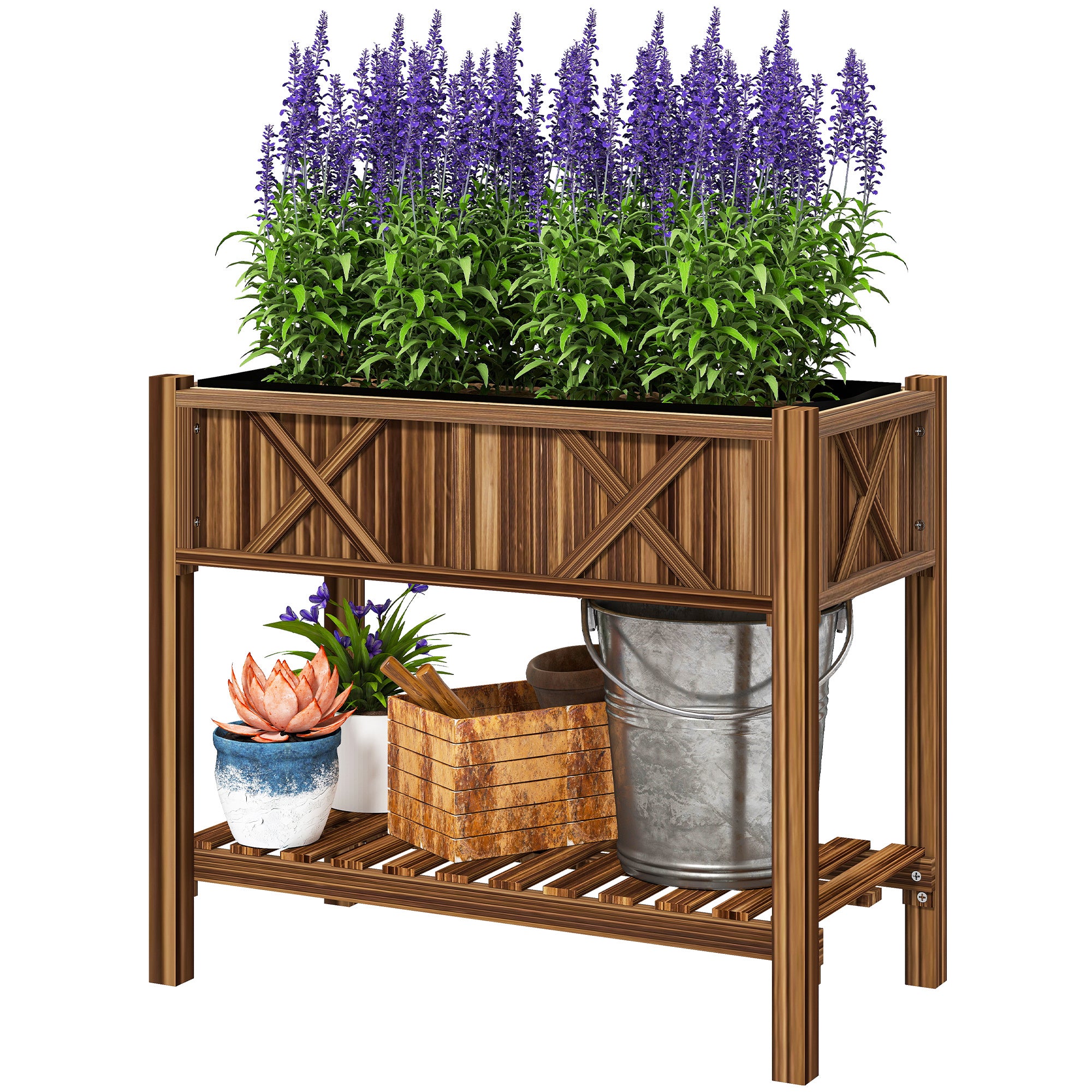 Wooden Raised Garden Bed, Elevated Planter Box with Storage Shelf, Drainage Holes and Liner, 34"x18"x30", Carbonized