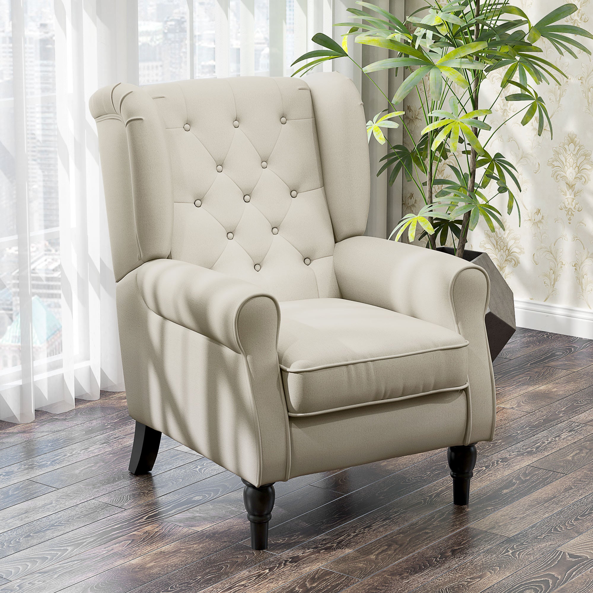 Fabric Accent Chair, Button Tufted Armchair, Upholstered Modern Living Room Chair, Wingback Chair with Wood Legs, Rolled Arms, Thick Padding for Bedroom, White