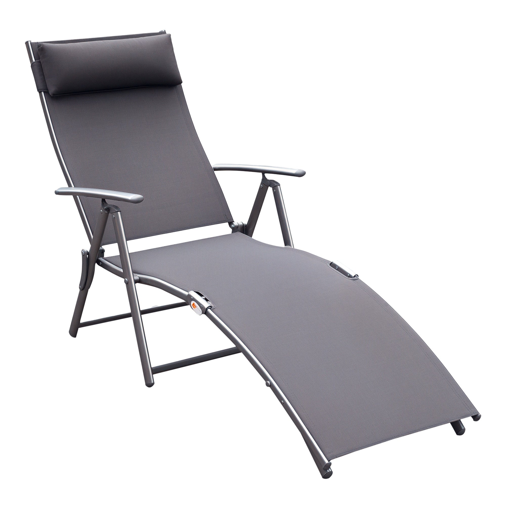 Heavy-duty Adjustable Folding Reclining Chair Outdoor Sun Lounger Patio Chaise Lounge Garden Beach Gravity Lounge with Pillow, 7 Adjustable Backrest Positions, Grey