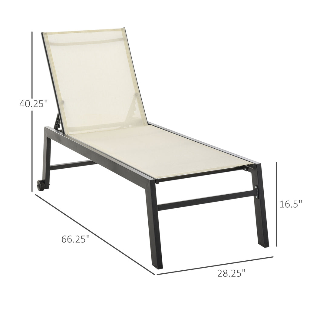 Outdoor Lounge Chair, Patio Lounger with 5-Position Reclining Backrest and 2 Wheels for Poolside, Beach, Lawn, Cream White