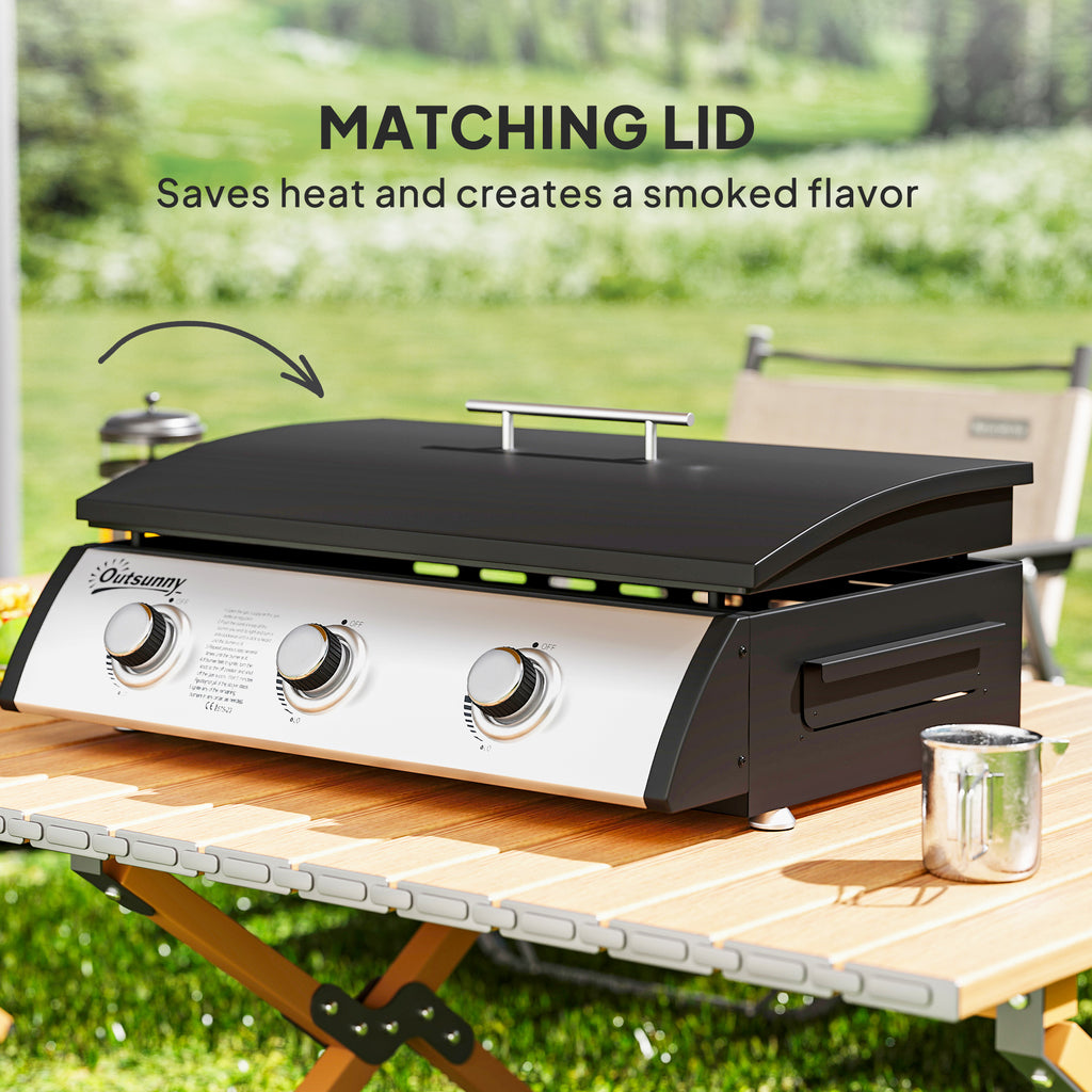 Propane Gas Grill with 3 Main Burners, 8530 BTU Outdoor BBQ Grill Cart with Non-Stick Griddle and Lid, Black