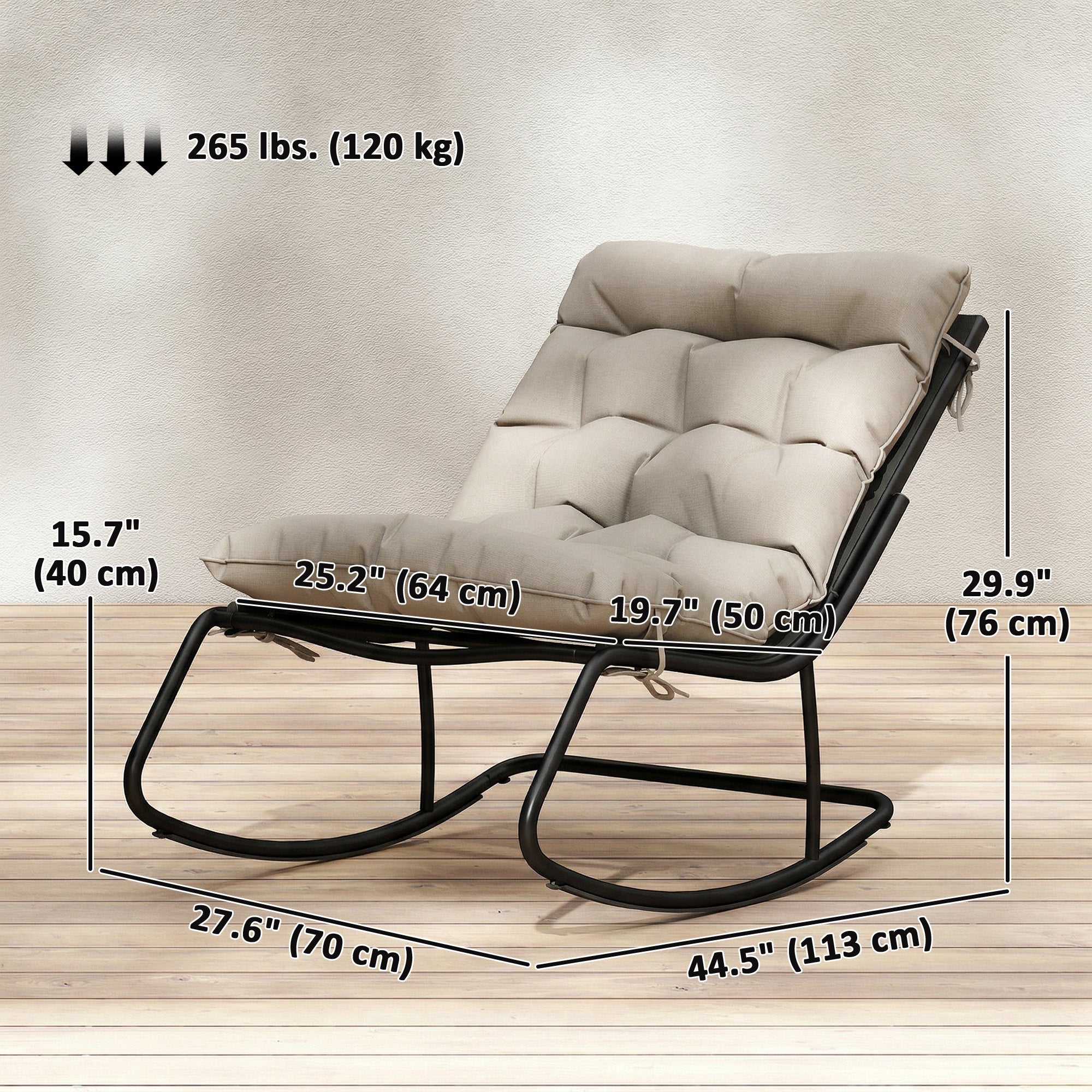 Outdoor Rocking Chair, Oversized Rocking Patio Chair with 25" Extra Wide Mesh Seat and Cushion, Khaki