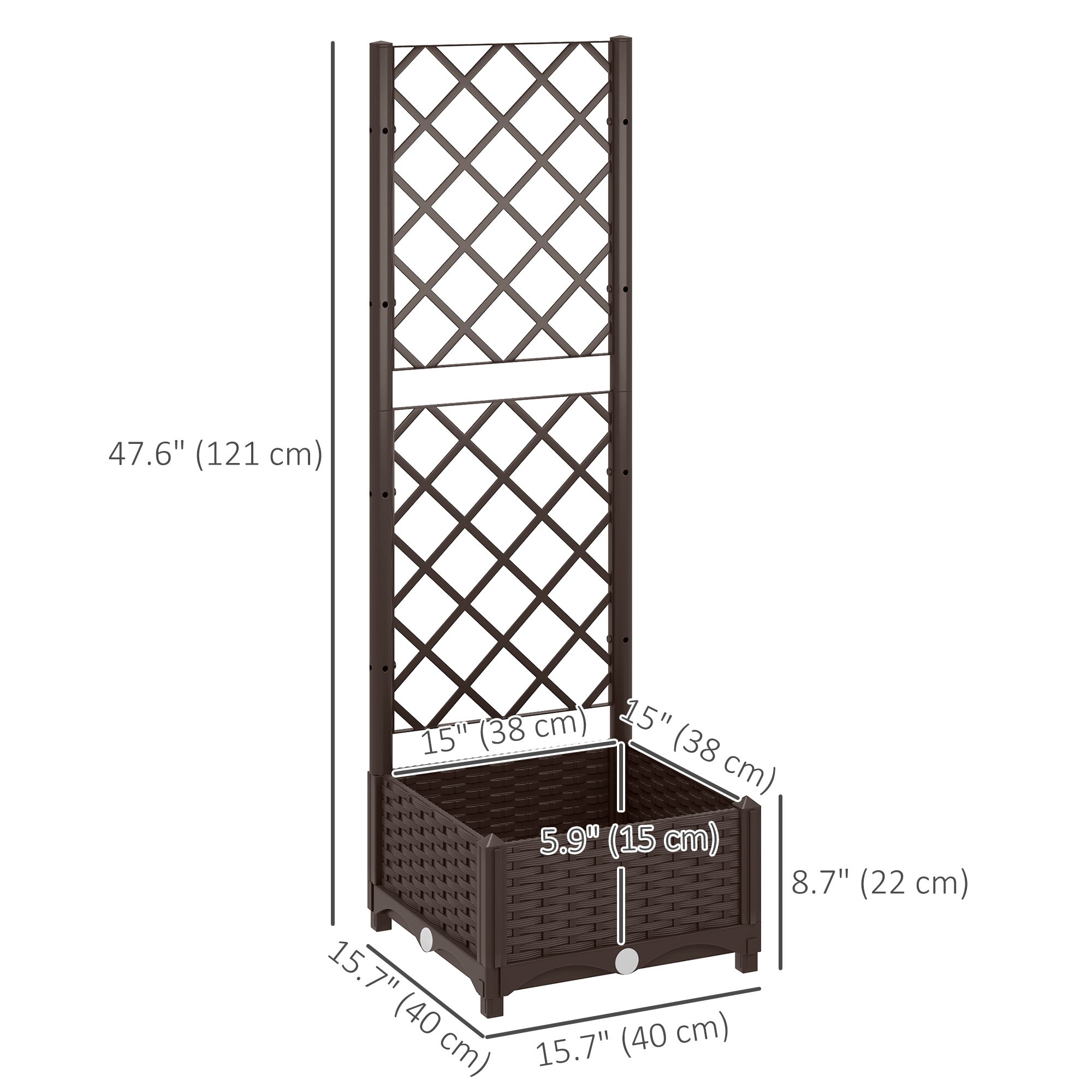 Raised Garden Bed with Trellis, Plastic Raised Flower Bed with Drainage Holes and Drain Plugs, 16" x 16" x 48"