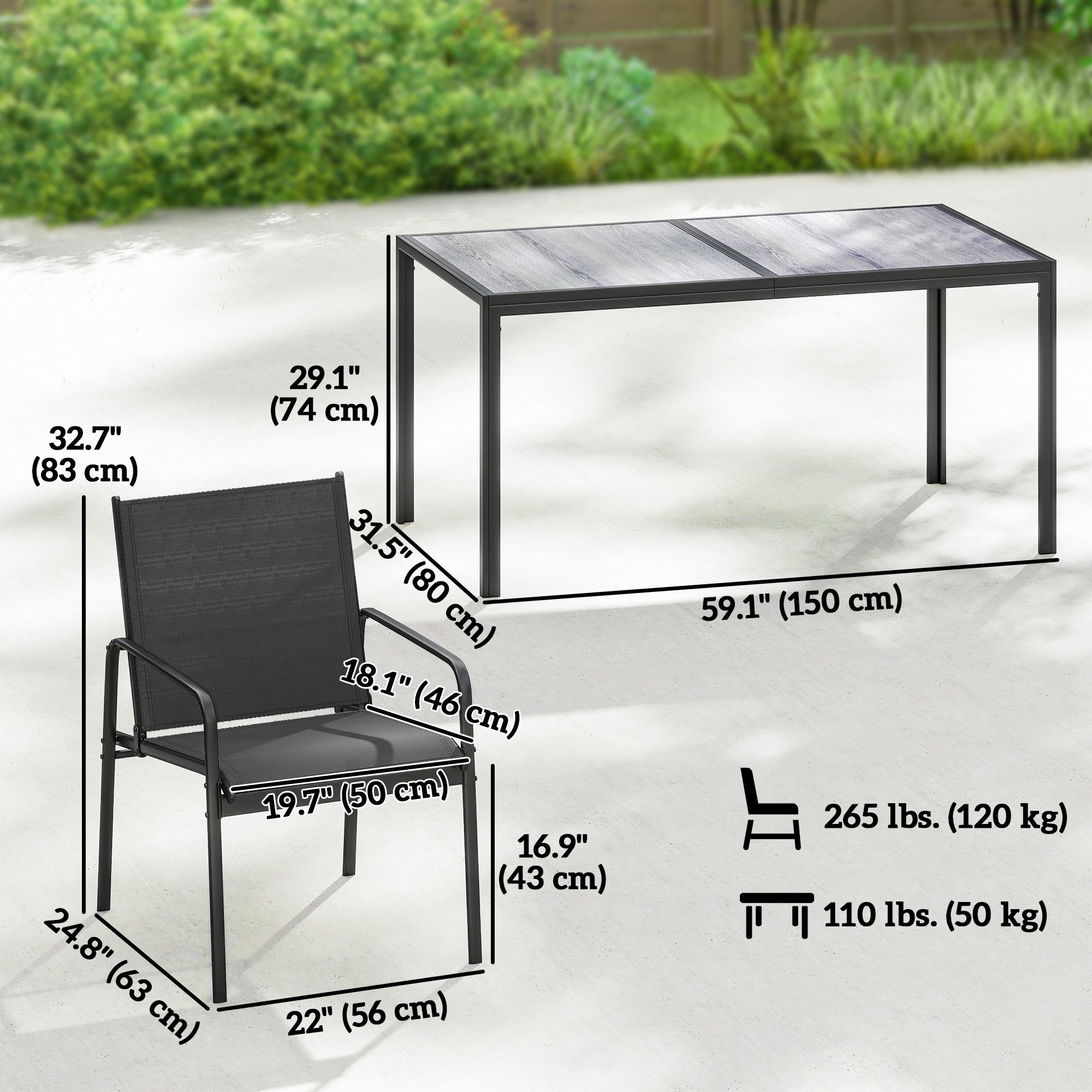 Outdoor Dining Set for 6, Faux Wood Patio Table and Chairs with Breathable Mesh Seat, Galvanized Steel Frame, Black