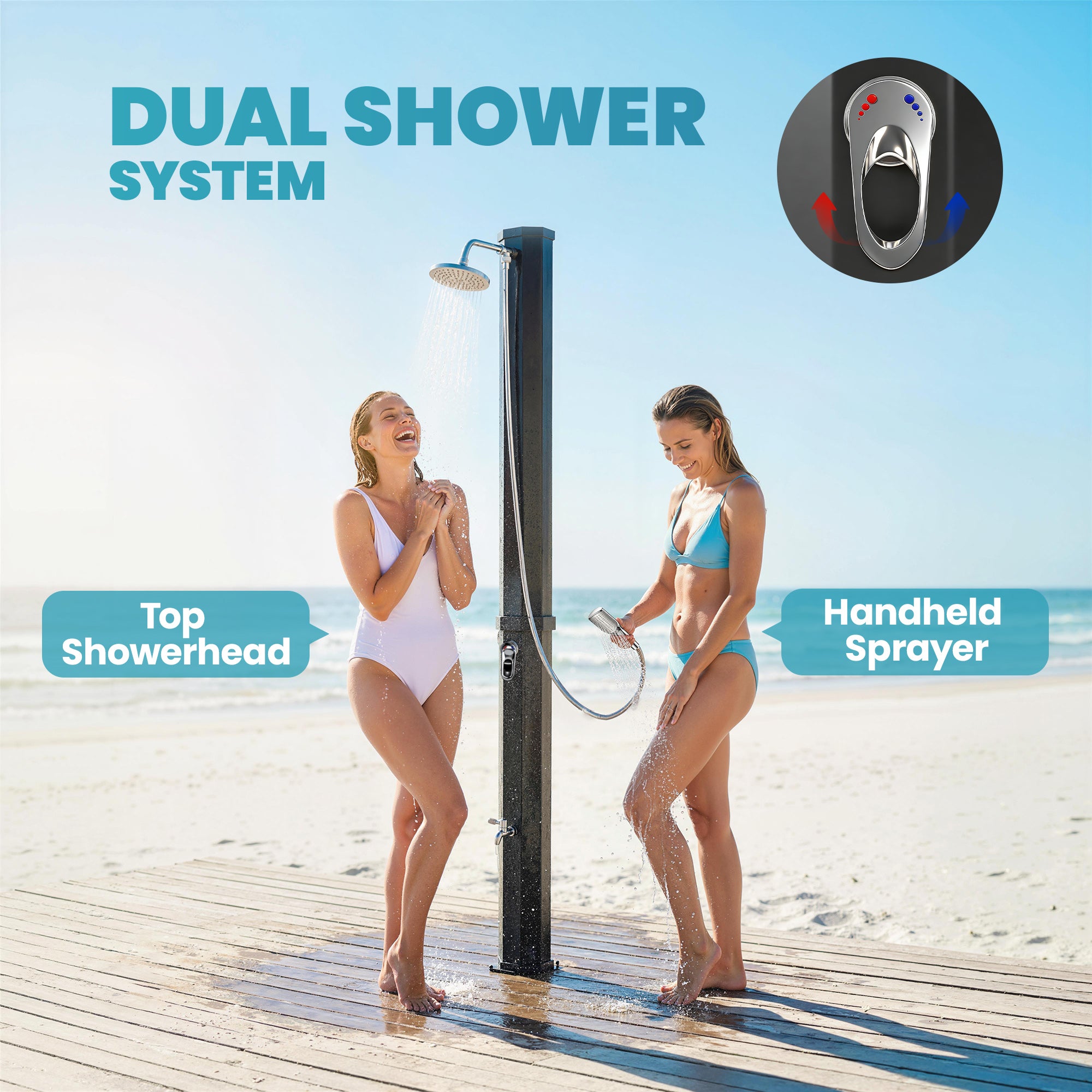 16 Gal Solar Heated Shower, 7.4 FT Outdoor Shower with 2 Shower Heads, Adjustable Temperature, Foot Faucet