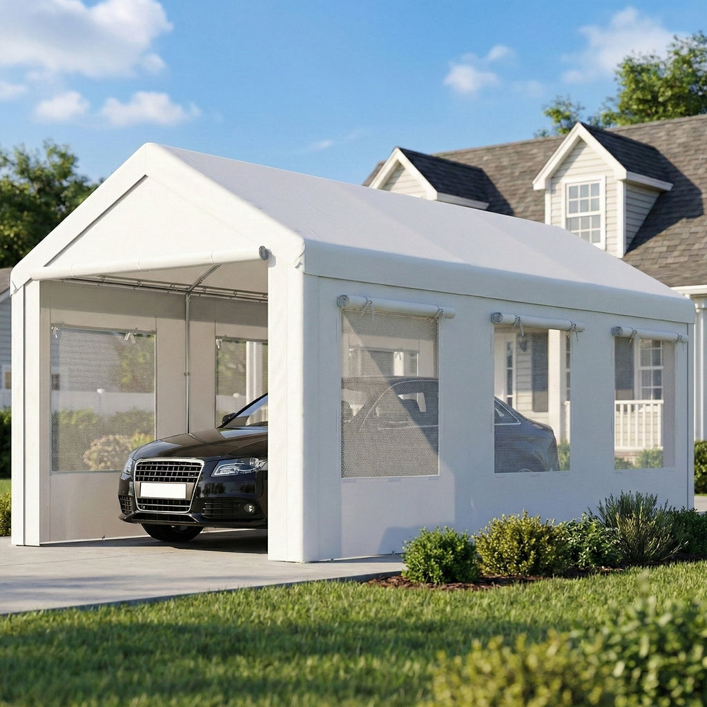 10' x 20' Heavy Duty Carport, Height Adjustable Portable Garage Car Canopy Tent Shelter with Doors, Windows, White