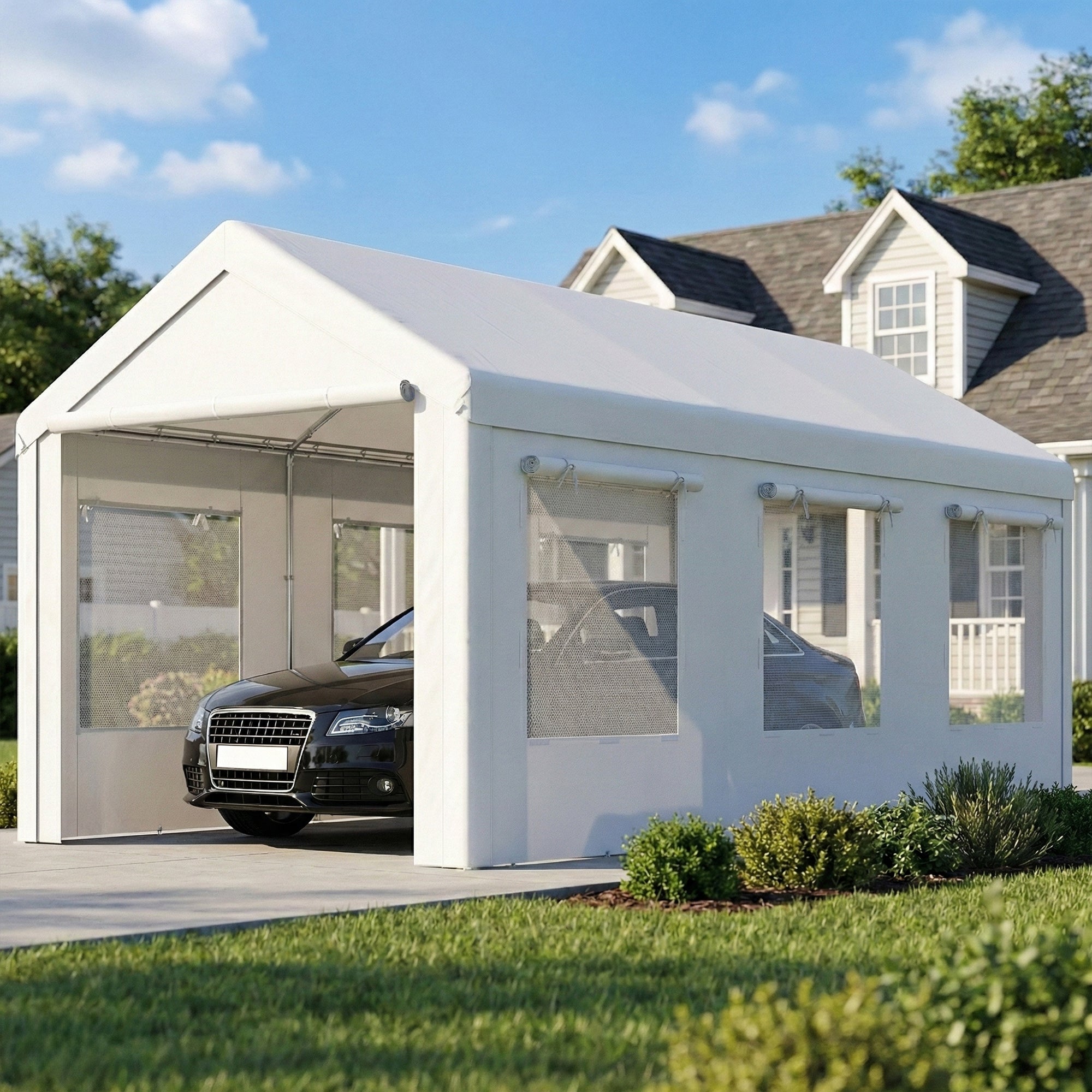 10' x 20' Heavy Duty Carport, Height Adjustable Portable Garage Car Canopy Tent Shelter with Doors, Windows, White